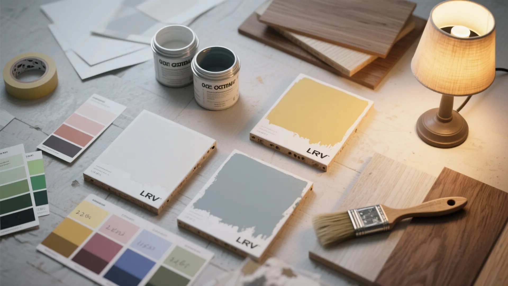 Interior design workspace with paint color samples wooden boards small lamp paint brush and color palettes