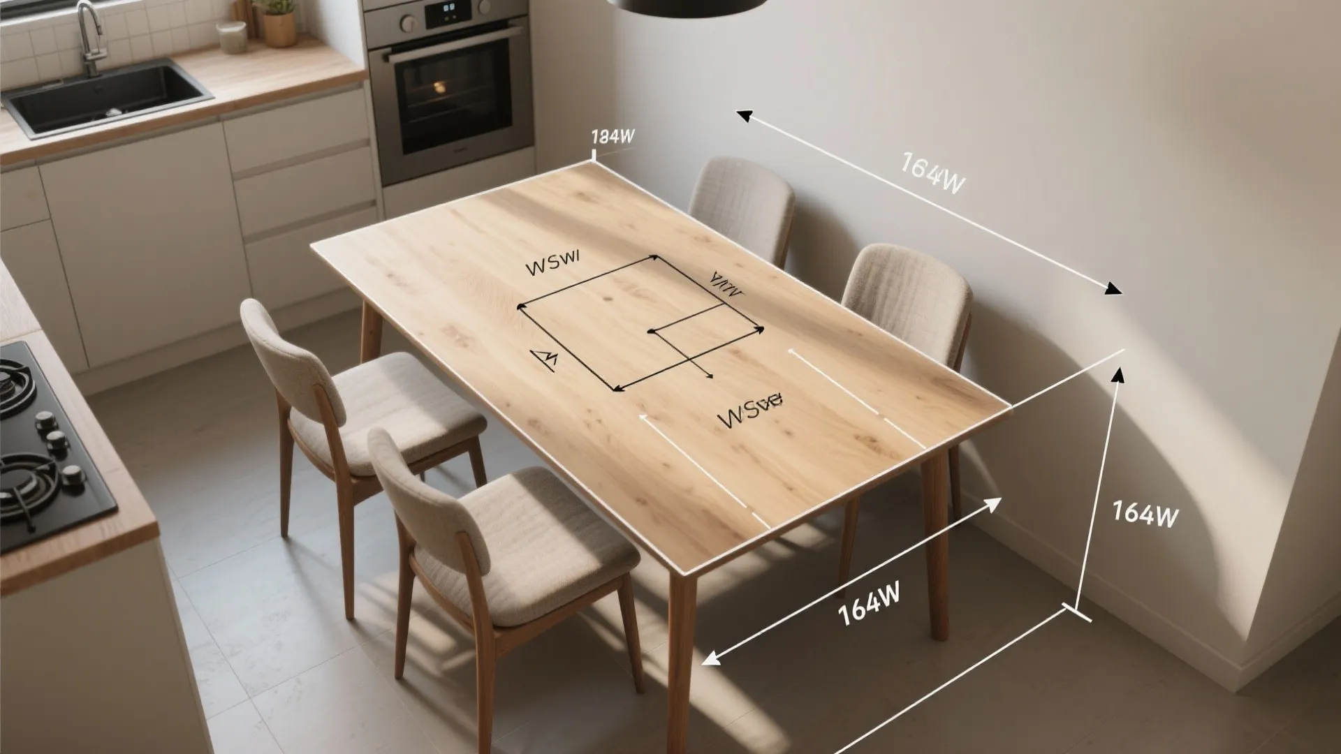 Top-down view of a compact dining layout showing chair clearance and circulation with subtle measurement markers.