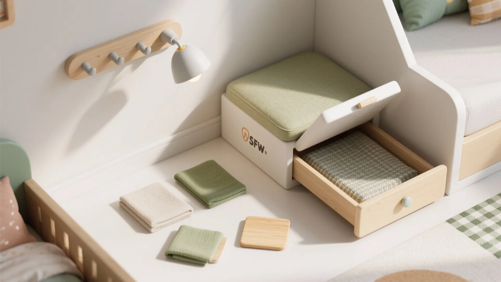 Small storage box with a green cushion seat and open drawer containing a folded towel
