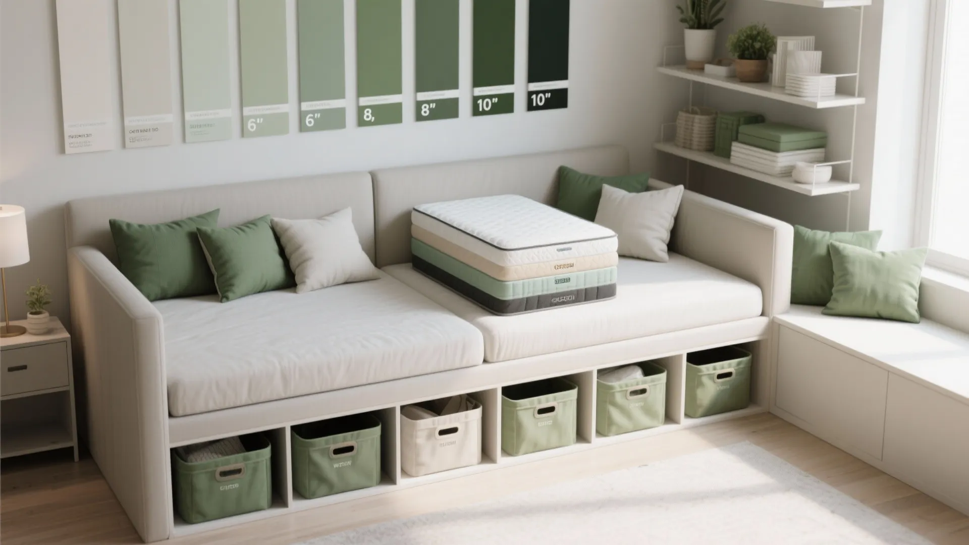 Top-down layout showing mattress thickness samples, washable covers, labeled bins and shelving tips for daybeds.