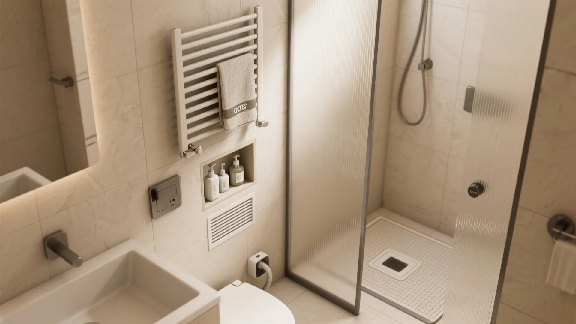 Small modern bathroom with white sink toilet towel heater glass shower door and light wall