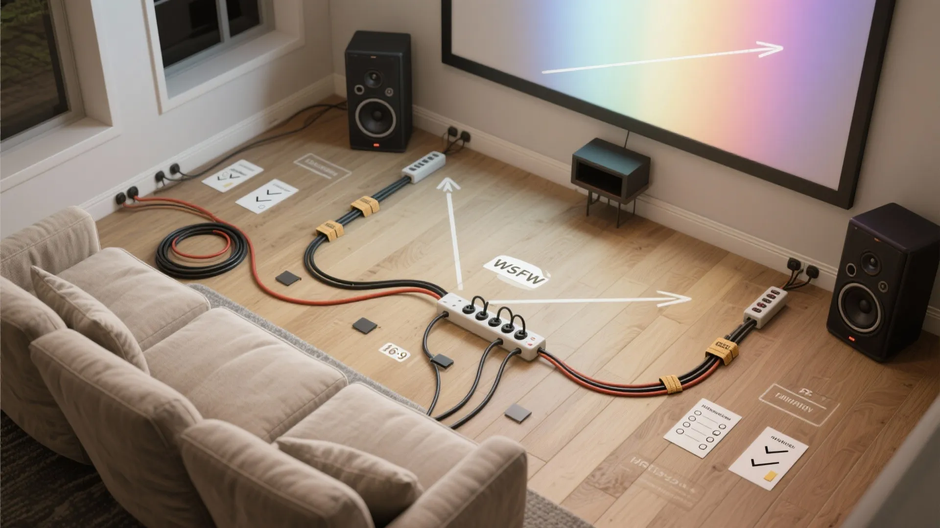 Home theater cable organization with power strips black wires speakers beige sofa and wood flooring