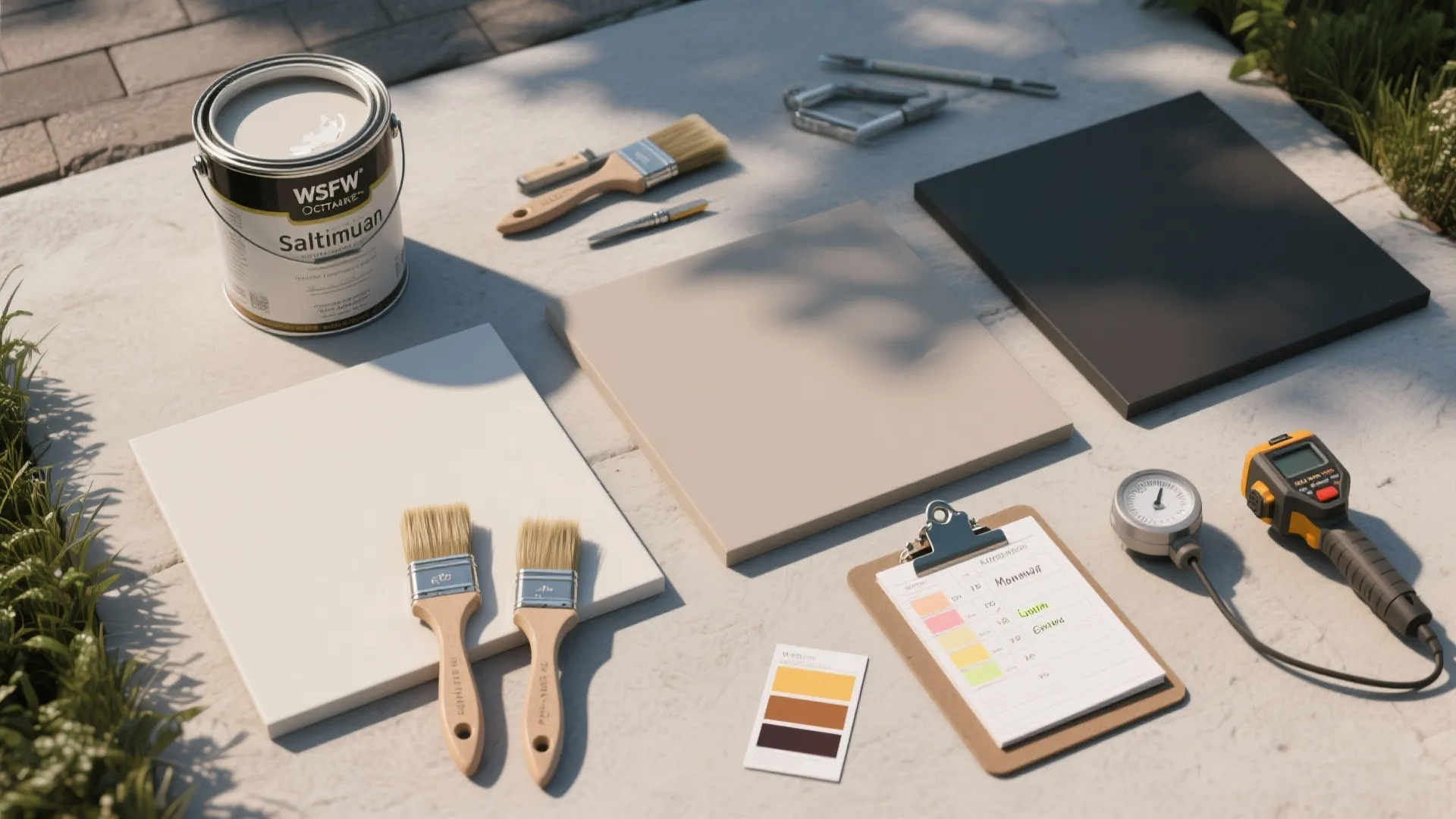 Exterior floor tiles with paint can paint brushes color swatches and tools for home renovation
