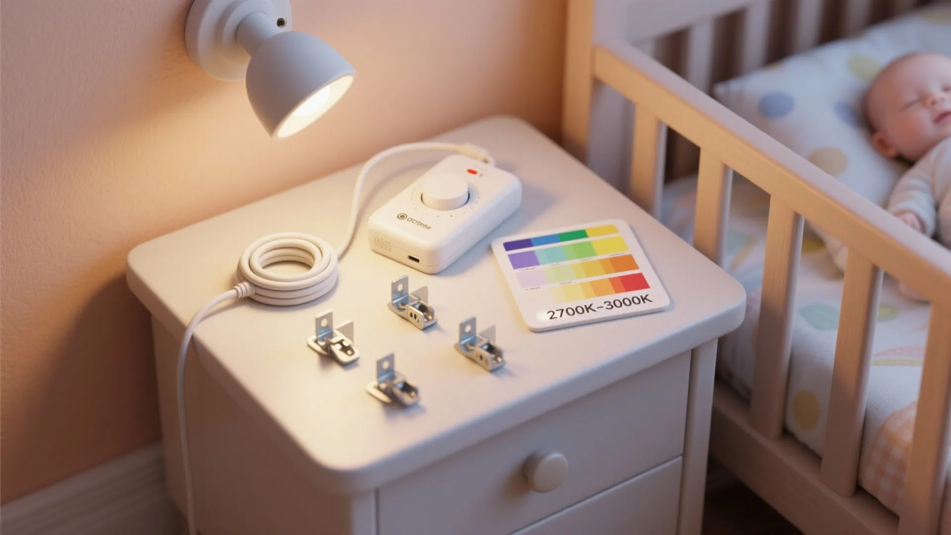 Toolkit of nursery lighting essentials: dimmer, cord clips, secure mounts, and warm color swatch.