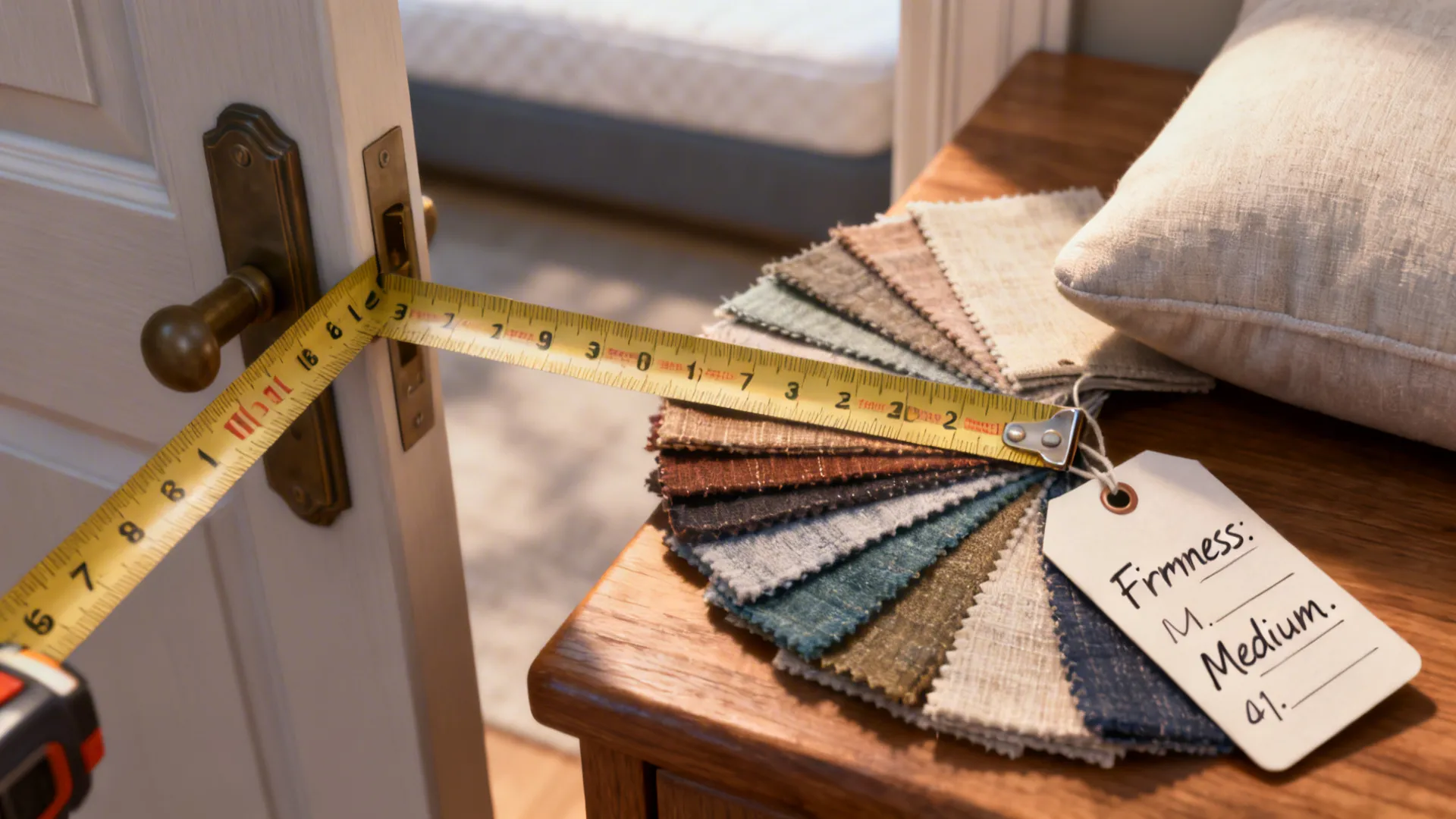 Close-up of measuring tape on a door frame, fabric swatches and cushion tag illustrating practical furniture checks.