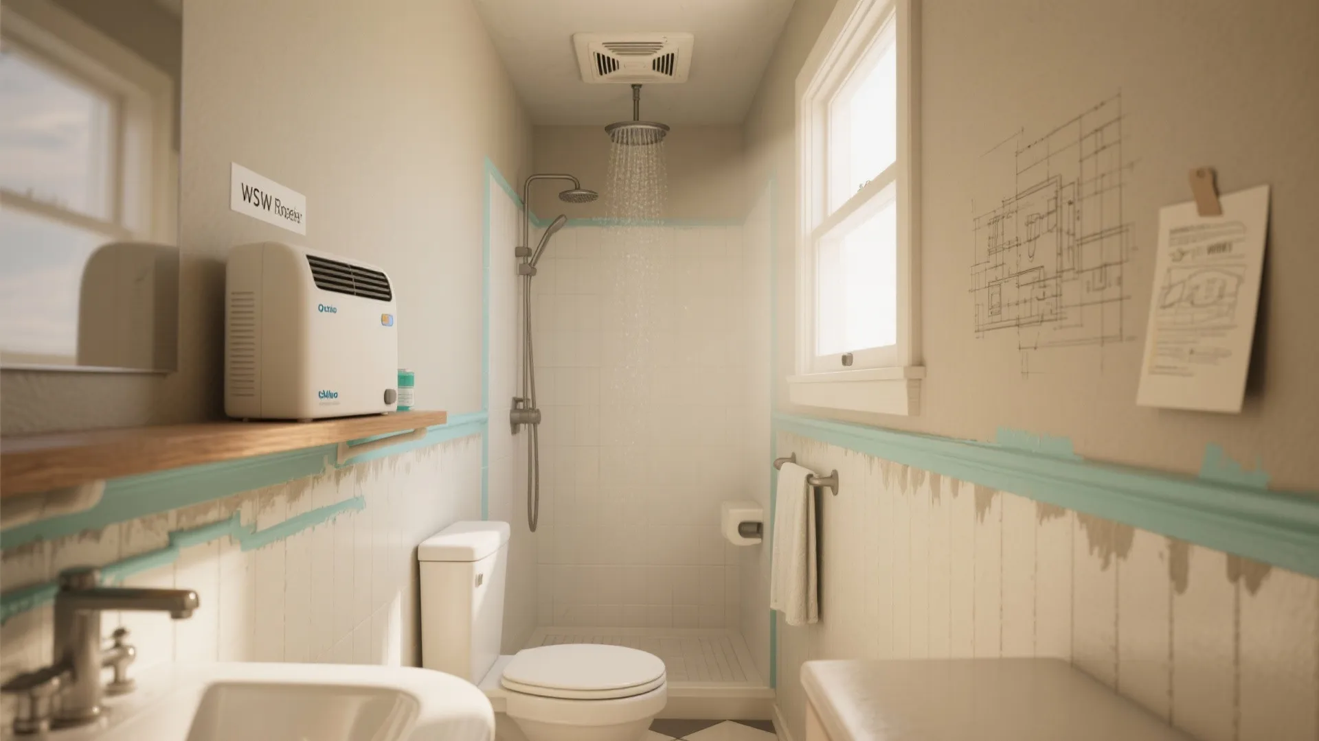 Small white bathroom interior with shower toilet sink window and light blue wall panel trim