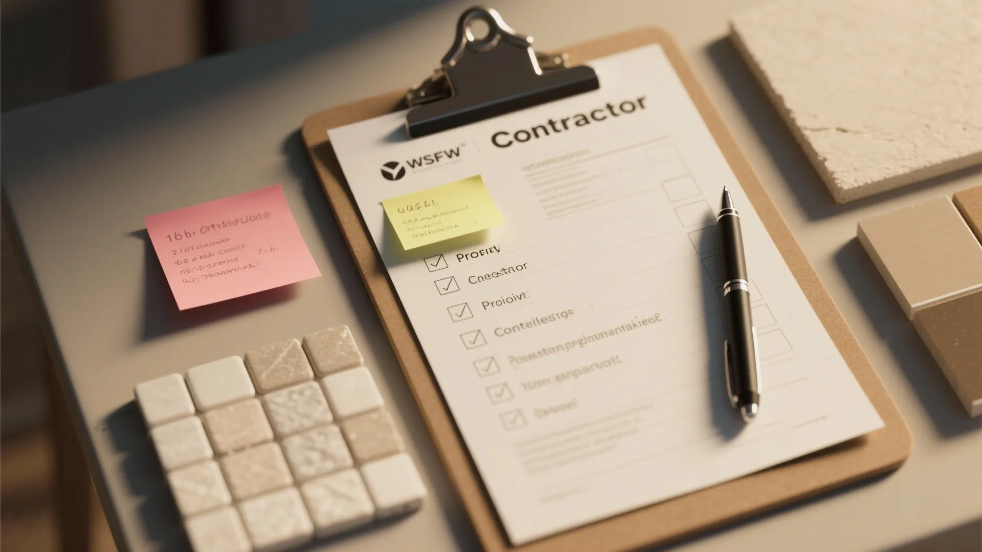 Contractor checklist, material swatches, and sticky notes illustrating project priorities and contingencies.