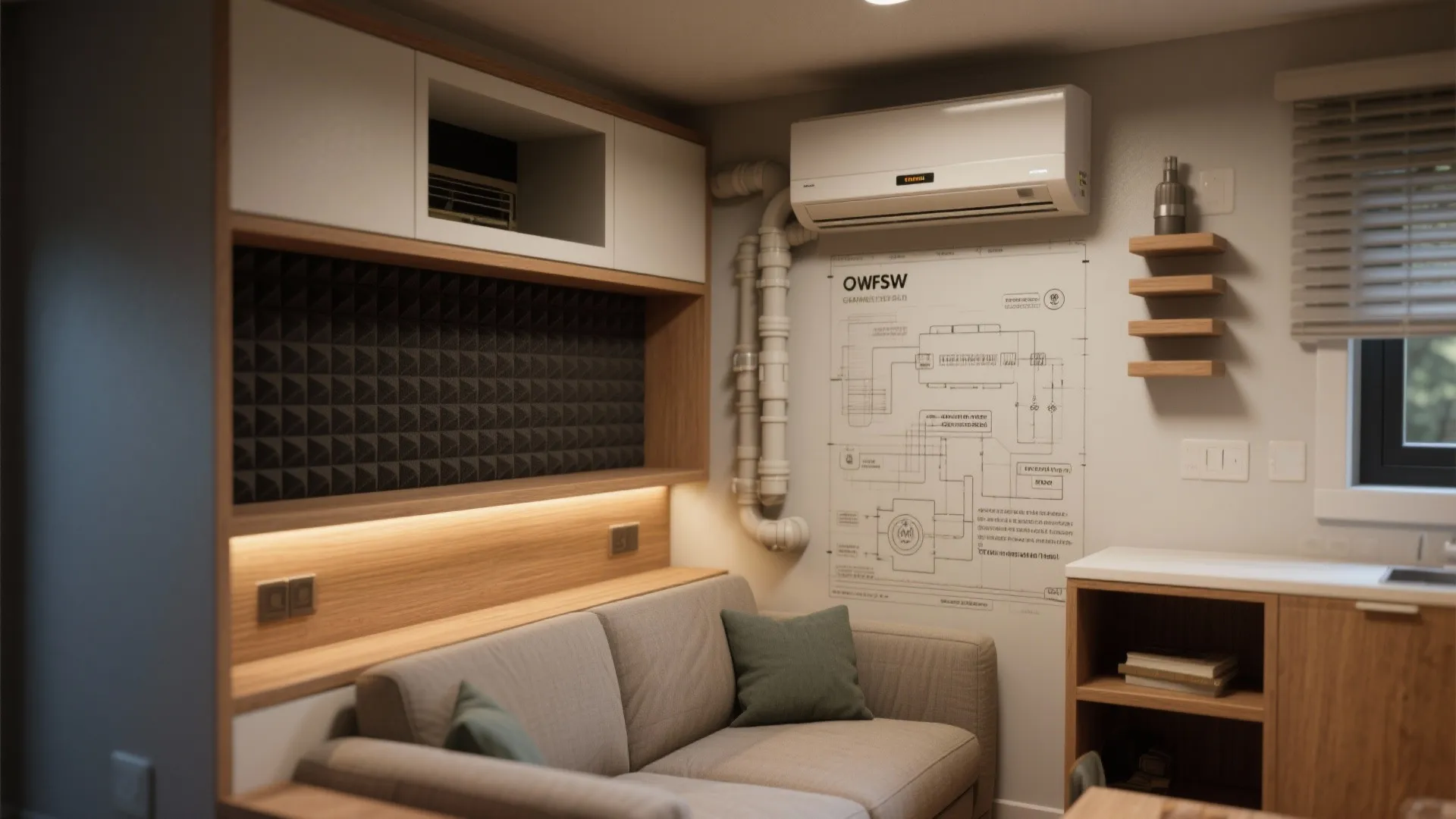Detail of joinery, acoustic panel and mini-split in a compact granny flat.