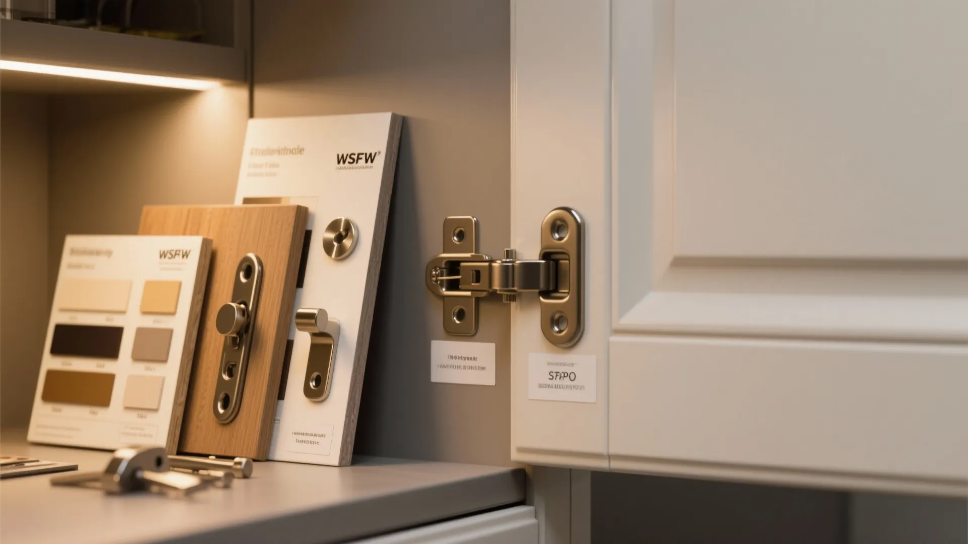 Metal hinge attached to a white cabinet door with various design samples on a shelf