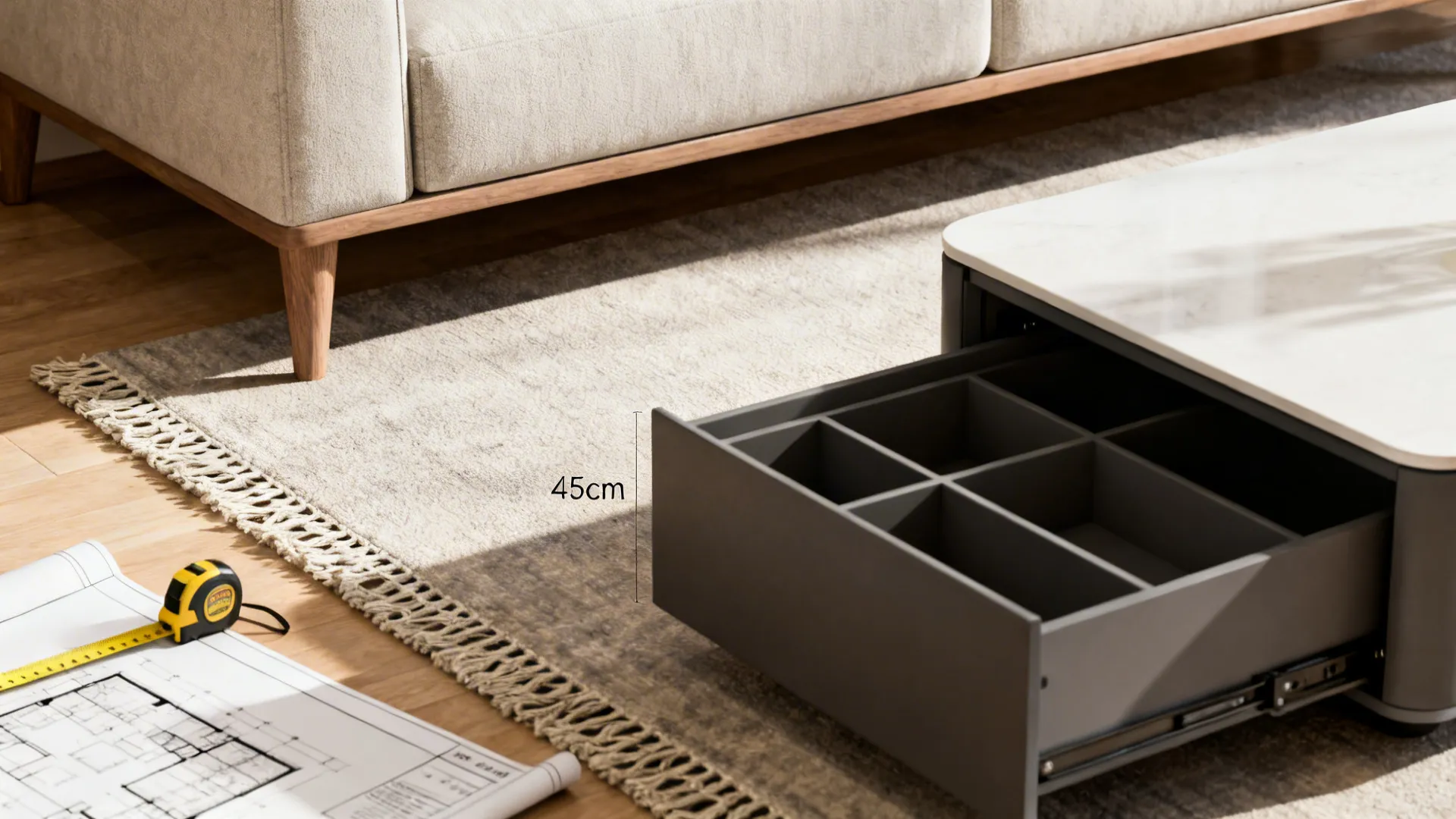 Close-up of coffee table drawer with compartments, measuring tape, and interior design drawing on floor