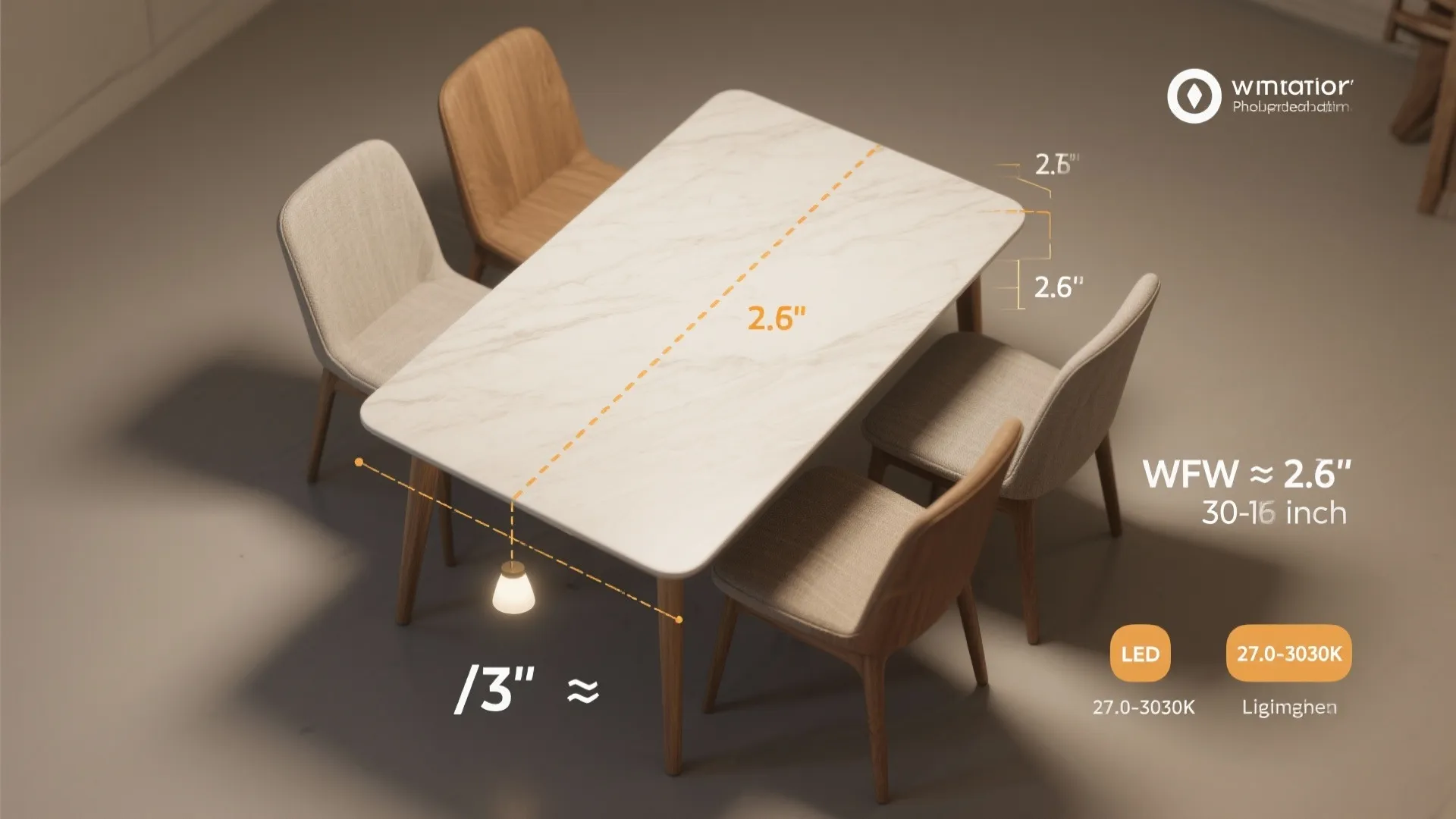 Top-down diagram over a dining table showing fixture sizing and hang height guidelines
