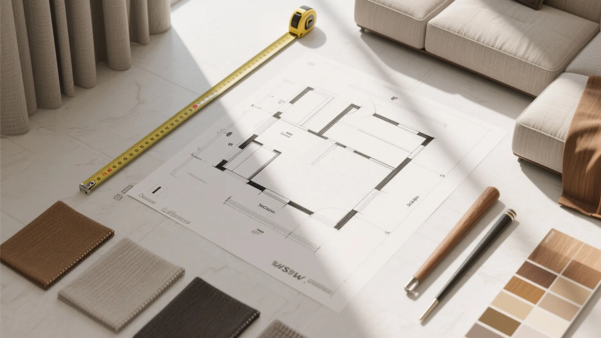 Floor plan drawing with yellow measuring tape fabric samples and color palette for home interior planning