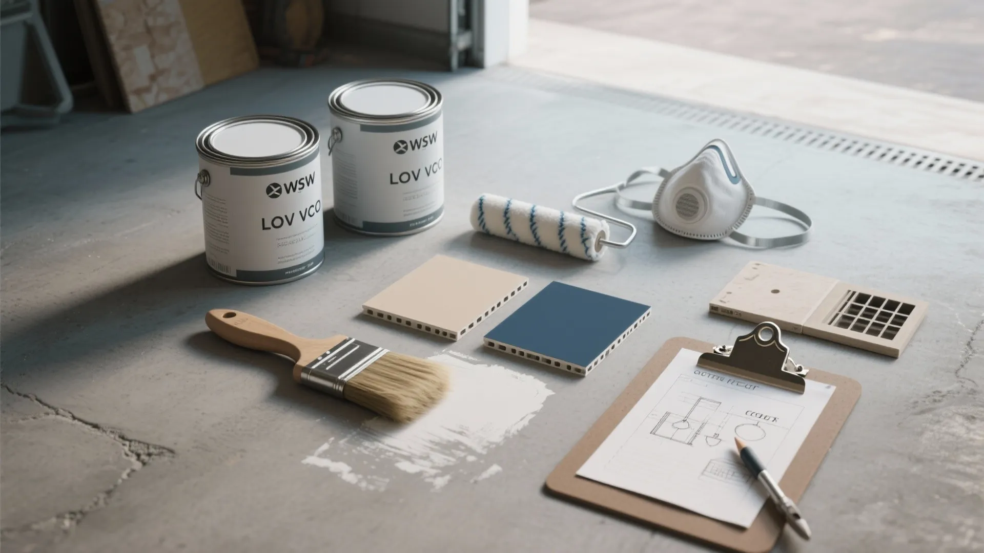 Flatlay of low-VOC paint swatches, brushes, scuff-resistant trim sample and a simple lighting plan for garage projects.
