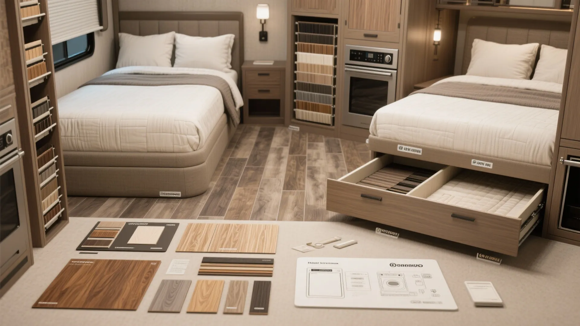 Interior design drawing with wood material samples and furniture layout in a modern bedroom setting