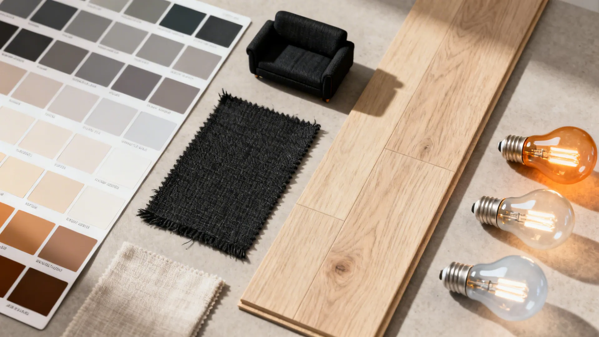 Top-down flatlay of paint swatches, fabric samples and lightbulbs for testing color with a black sofa.