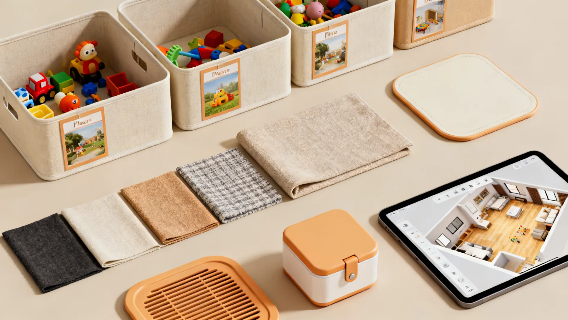 Flatlay of labeled bins, fabric swatches, hinge samples and a tablet with a 3D planner for toy storage planning