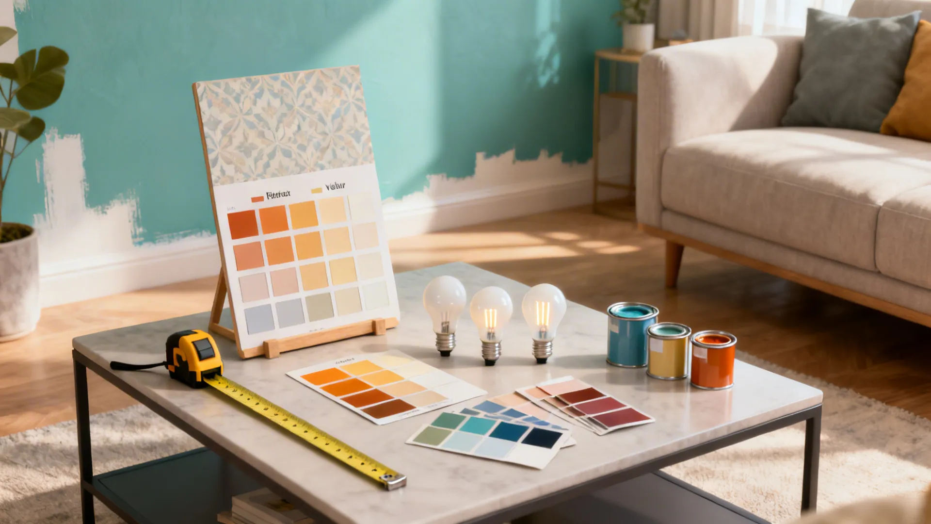 Mockup scene with paint swatches, removable wallpaper samples, lightbulb samples and measuring tape on a small living room coffee table.