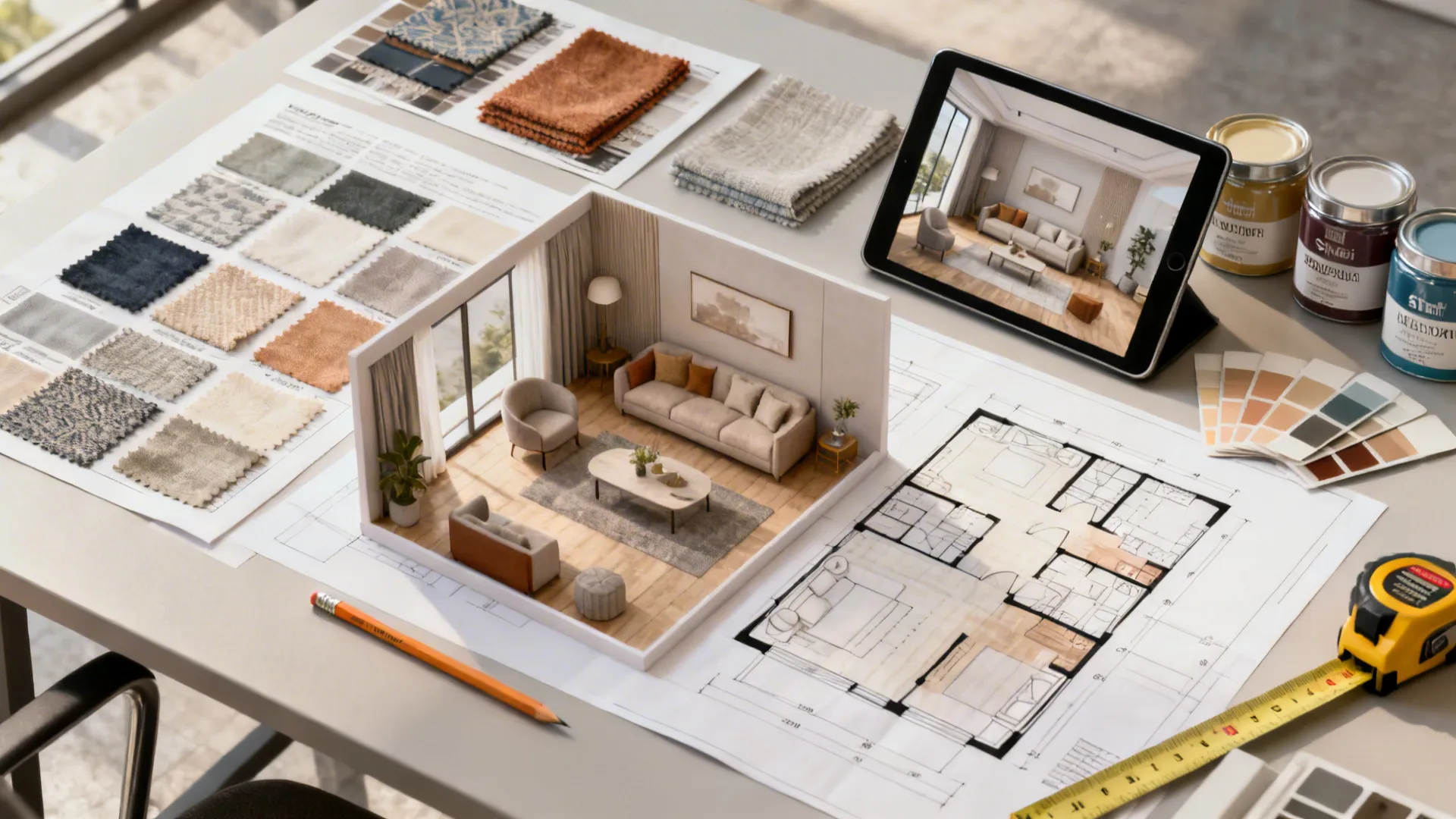 Interior design desk with floor plan 3D room model fabric samples tablet and measuring tape tools