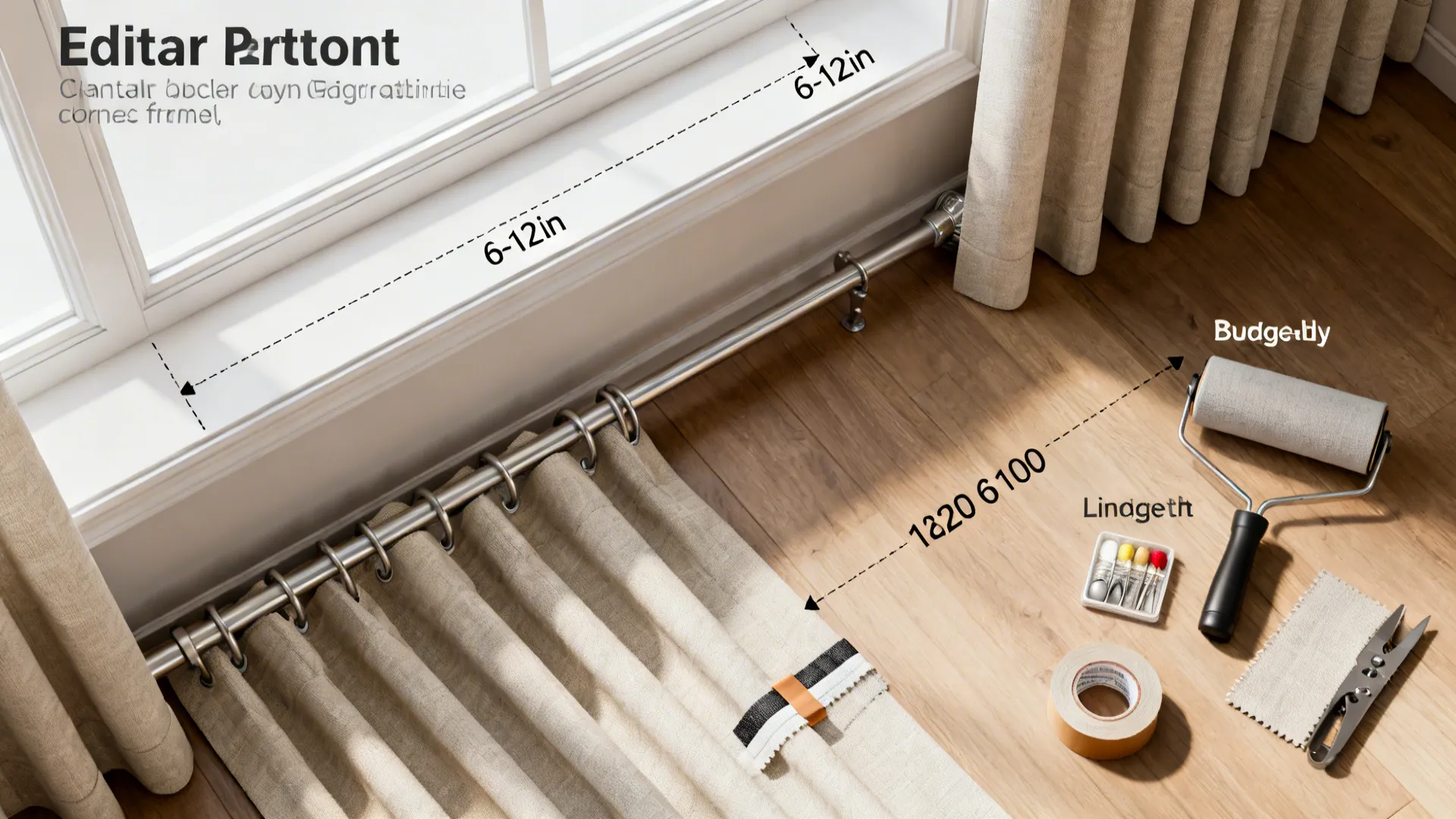 Top-down mockup diagram showing curtain rod height, panels grazing floor, and budget trim tools.