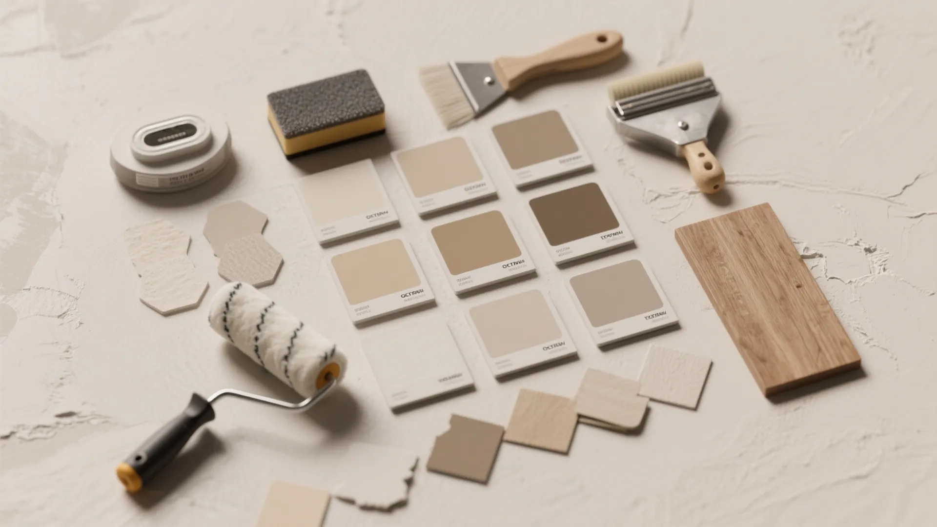 Assorted home renovation tools including paint roller brushes sponges wood samples and beige color swatch cards
