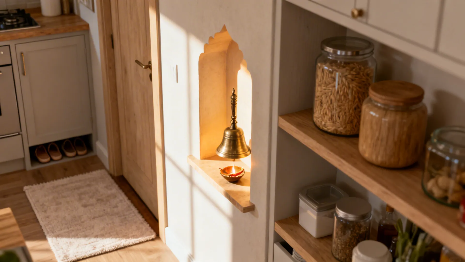 Small wall niche in a home kitchen holding a golden bell and a lit candle