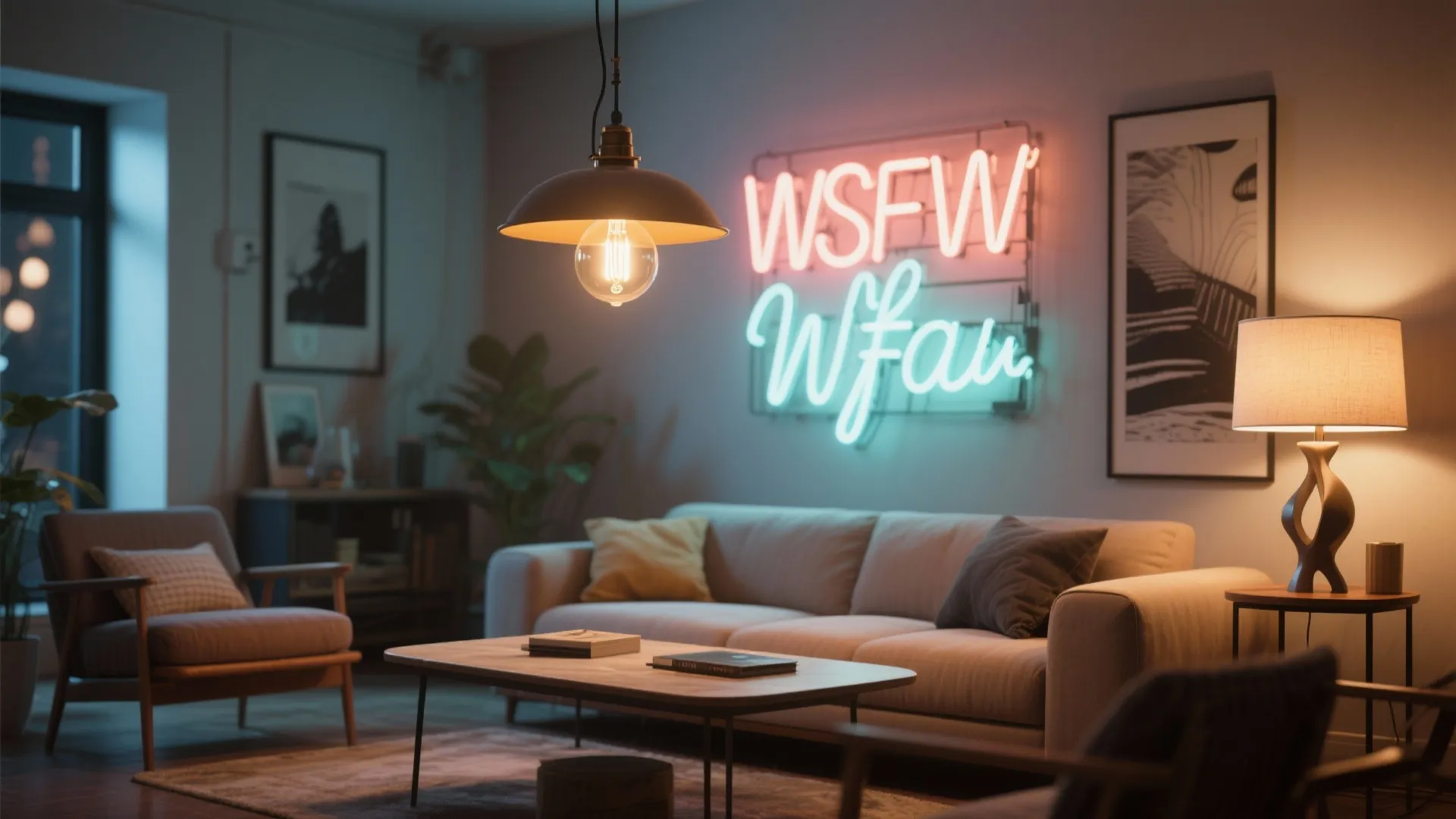 Modern living room featuring beige sofa, neon wall sign, coffee table, and warm hanging light