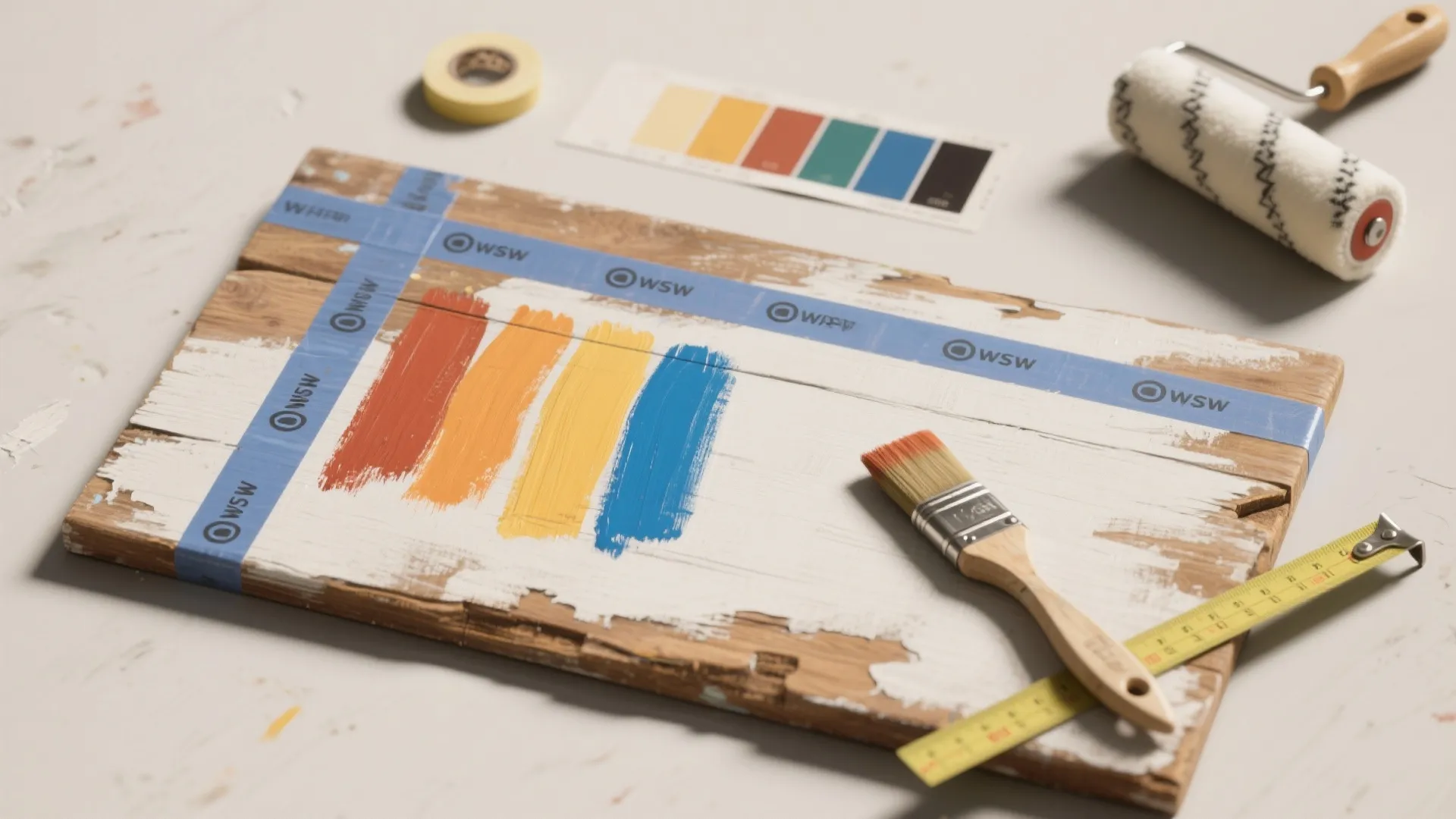 Flat lay of wood board with colorful paint swatches, paint brush, roller, and tape measure