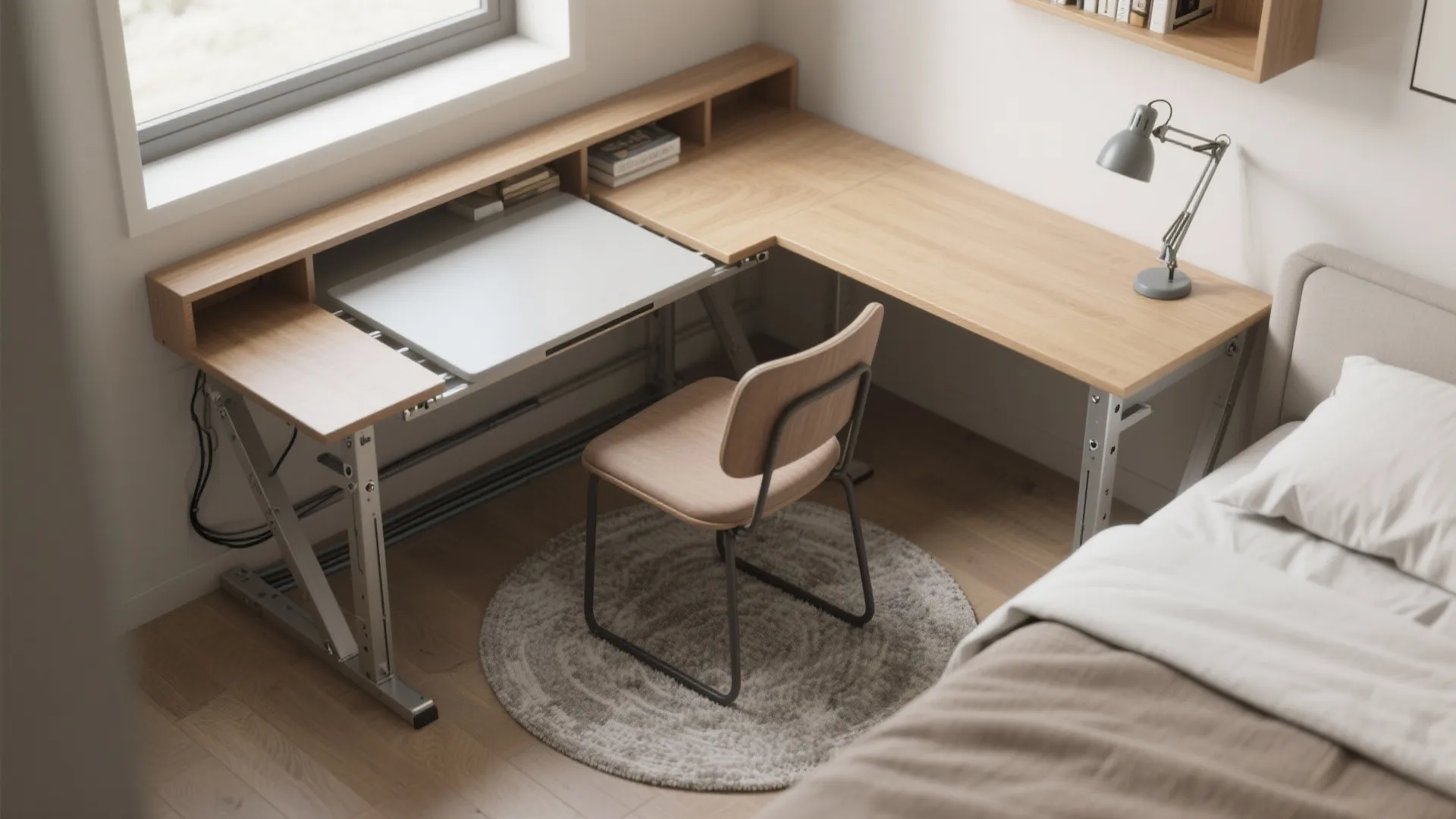 Wooden corner desk with adjustable white table top and grey light lamp in small bedroom