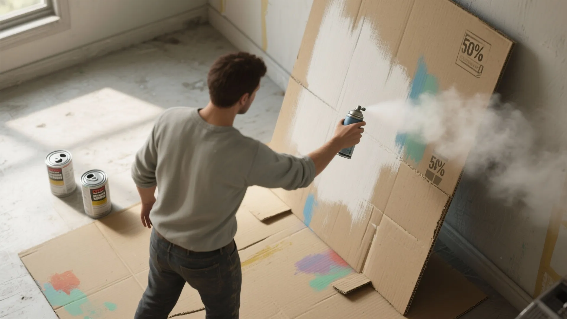 Top-down shot of a practice spray panel with overlapping passes and a painter's arm mid-stroke.