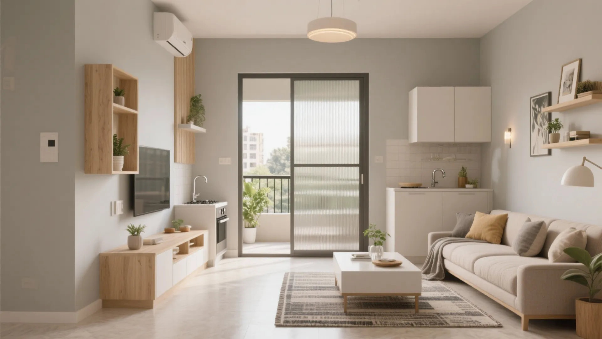 Modern open plan living room with cream sofa white coffee table balcony and light wood furniture