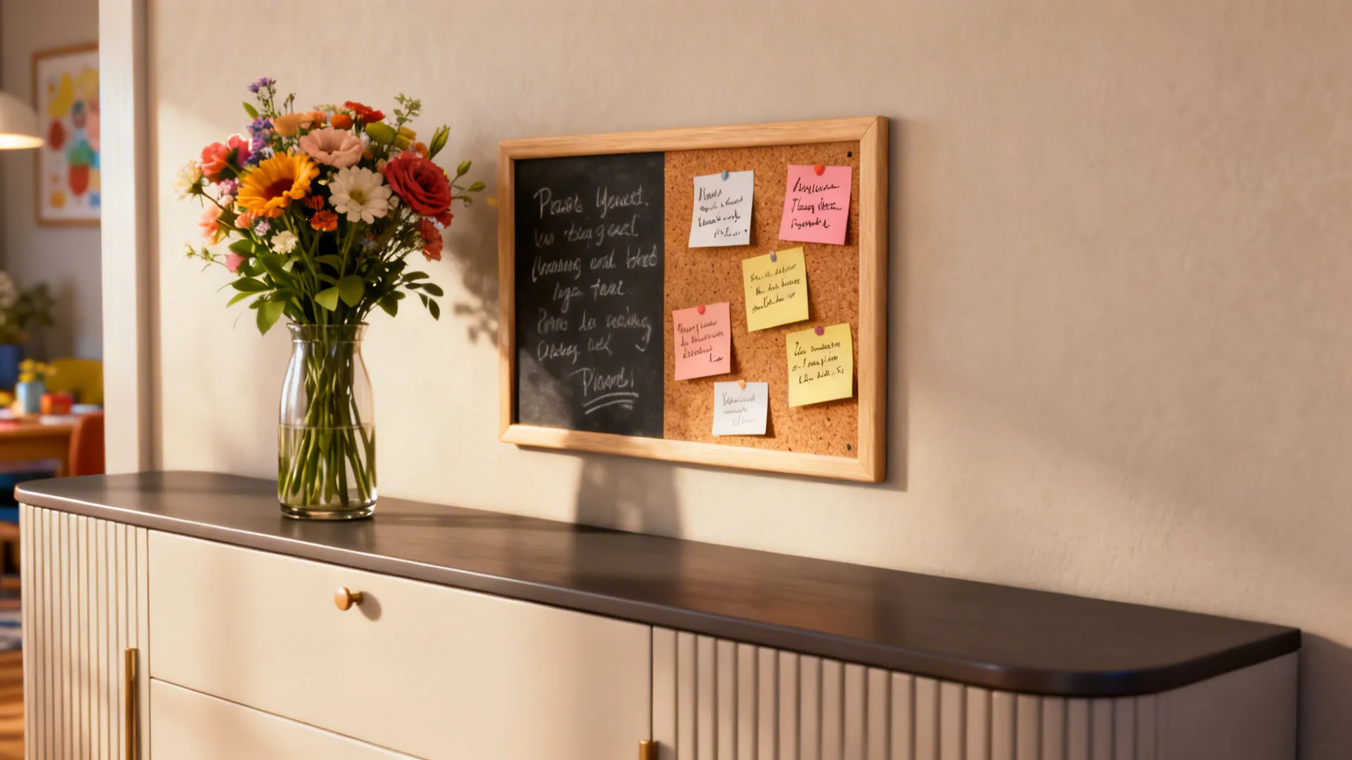 Rotating prayer chalkboard and cork panel above a sideboard with handwritten notes