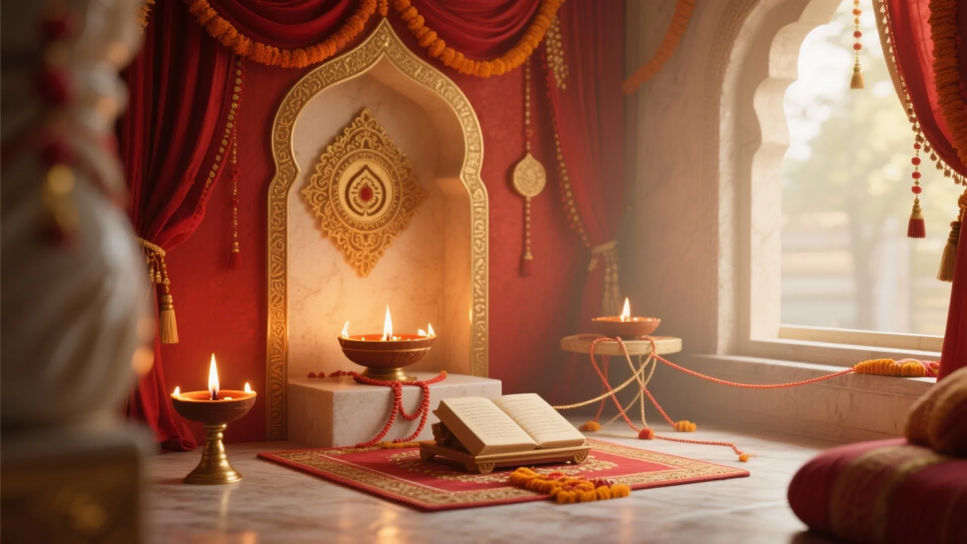 Interactive prayer corner with diya and thread ritual setup