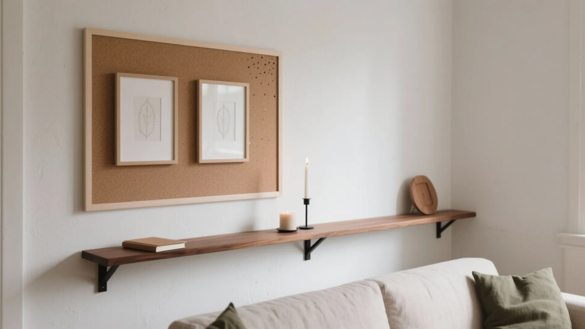 Cork board with two pictures above a long wooden shelf with candles and a sofa