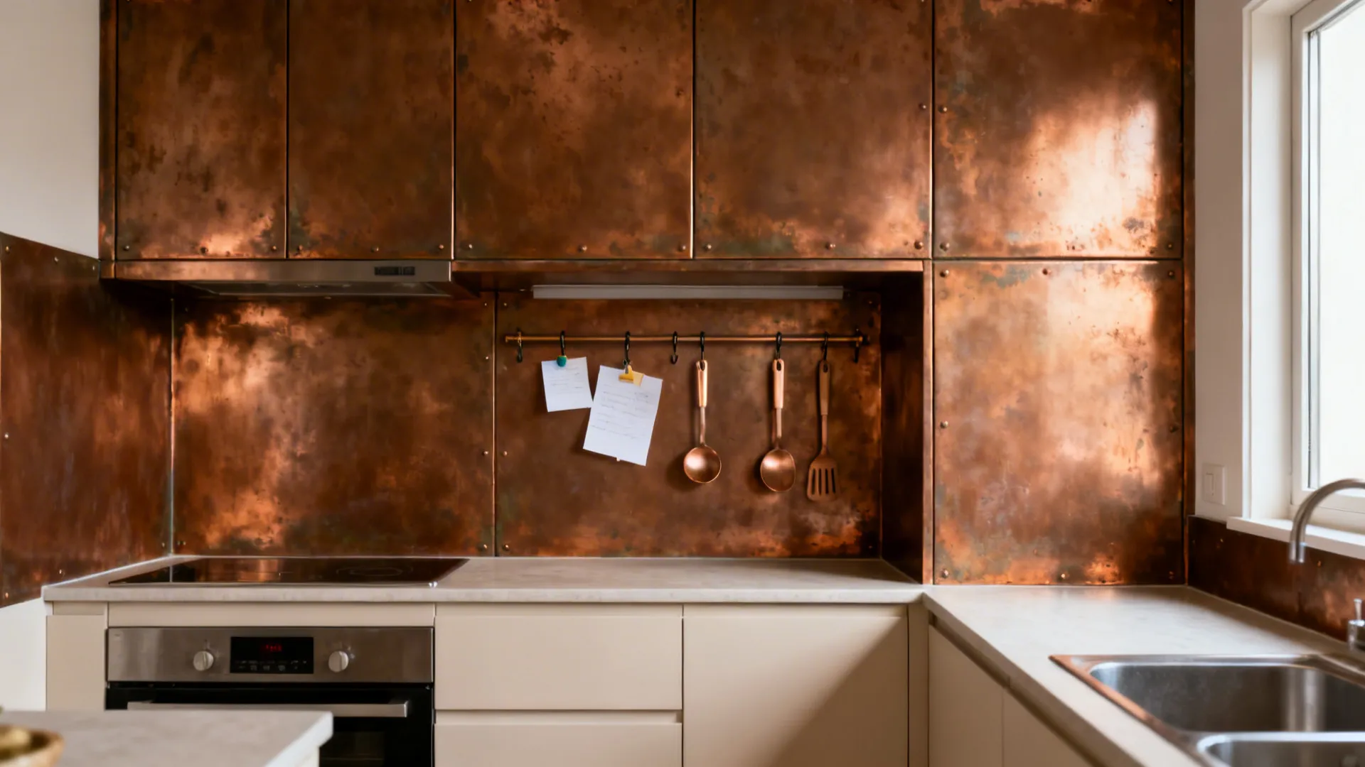 Small kitchen with matte pre-aged copper panel backsplash and tidy panel seams.