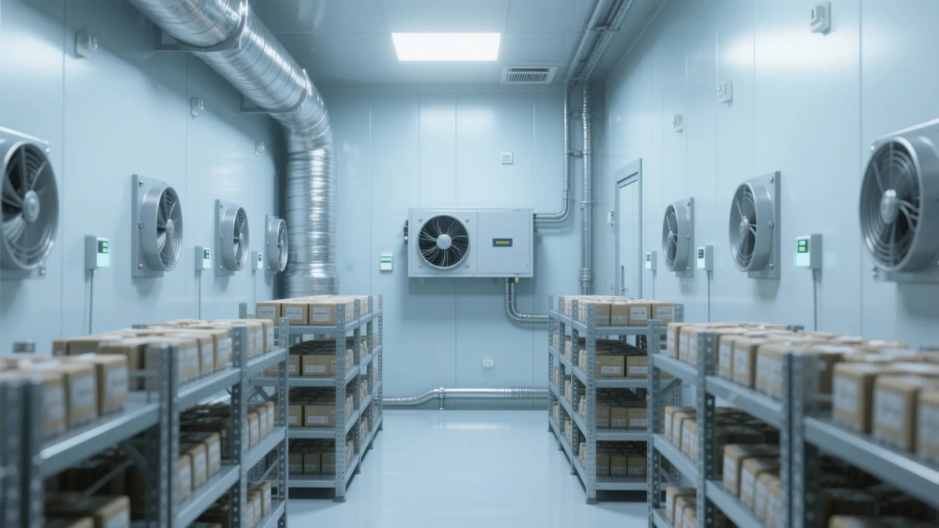 Storage room with metal shelves and boxes featuring wall cooling fans and blue industrial walls