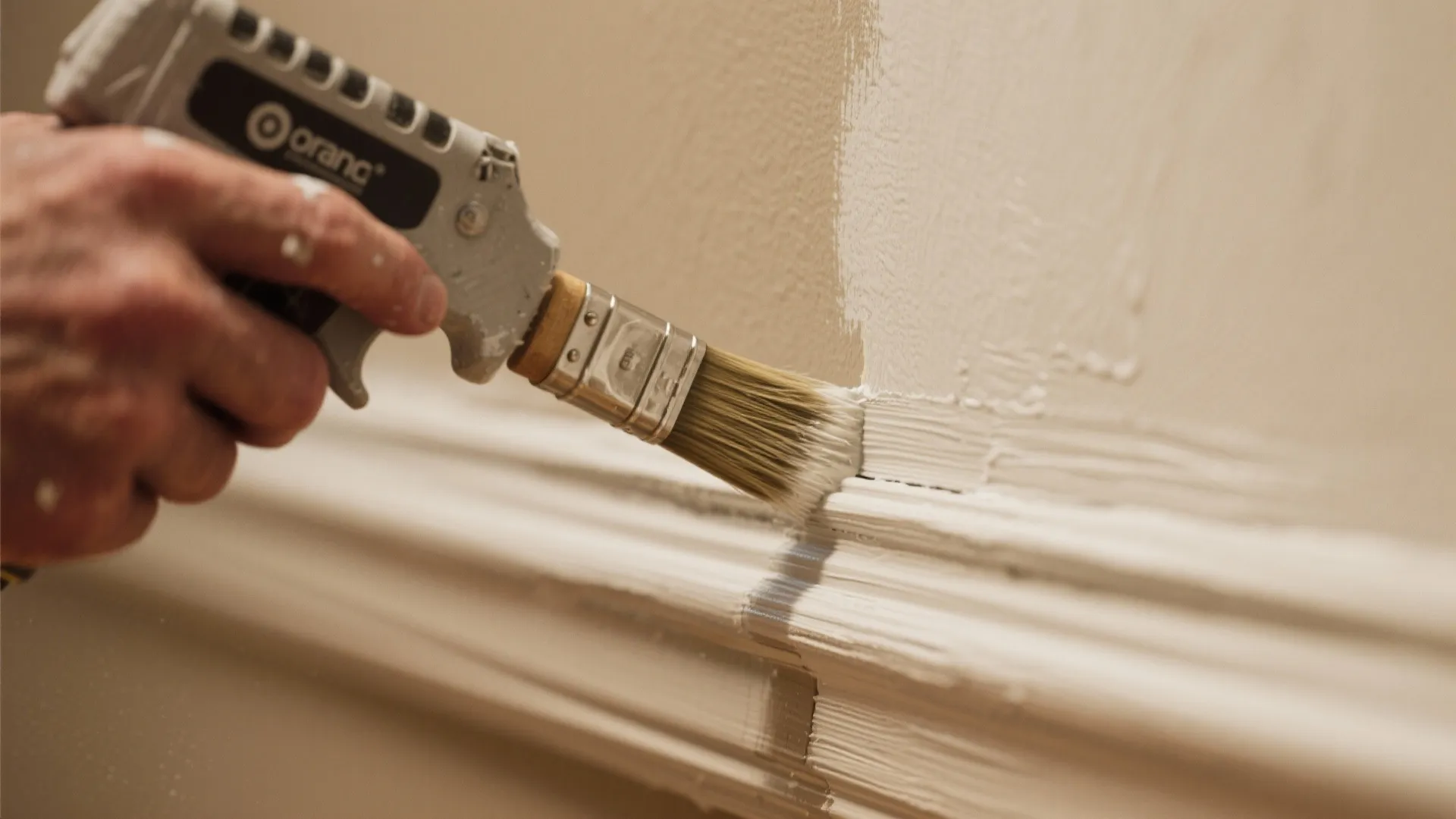 Close-up of an angled brush and edger cutting crisp paint lines along trim after spraying.