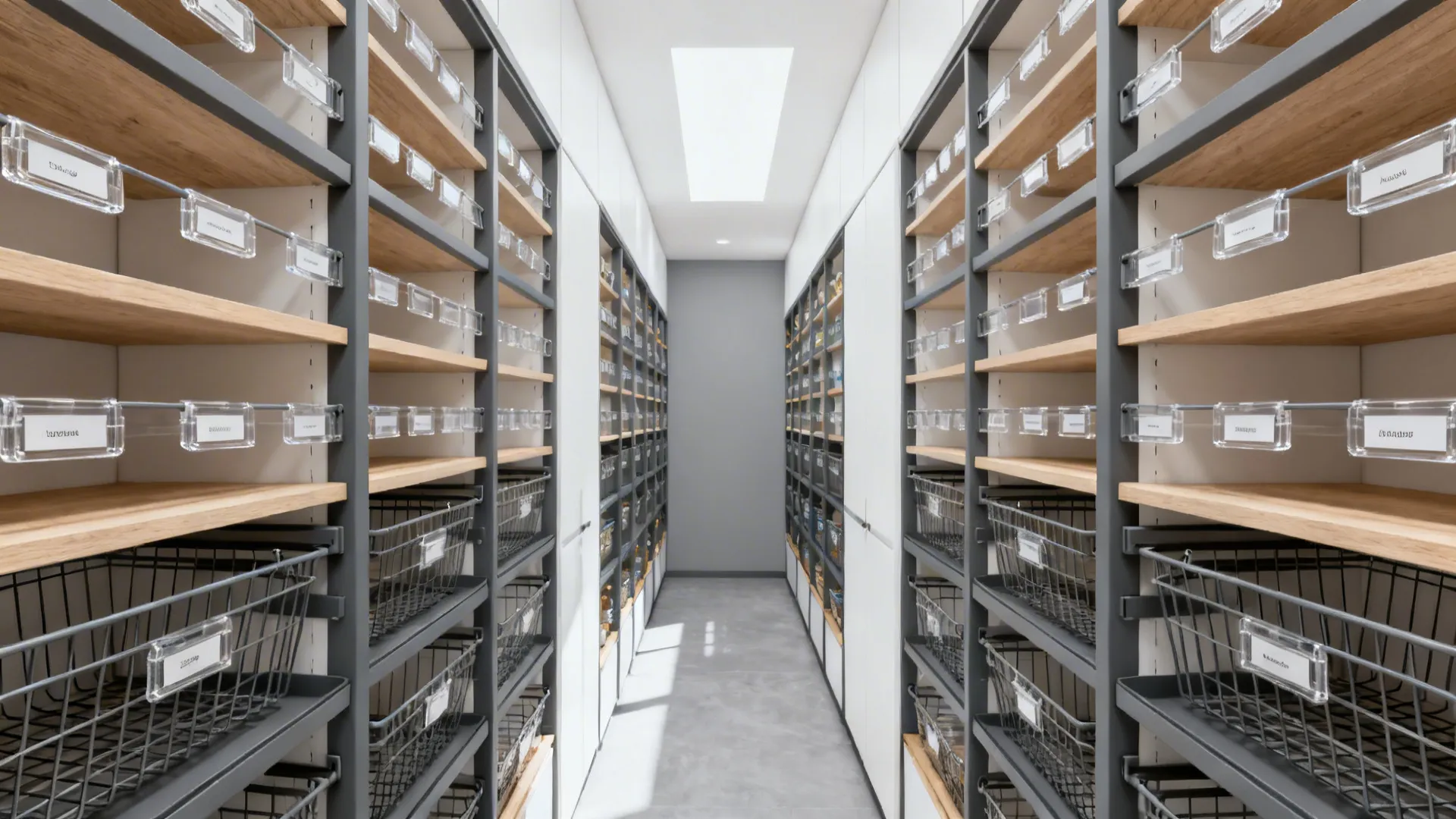 Modular wire basket pantry with precise alignment and clean, technical styling.