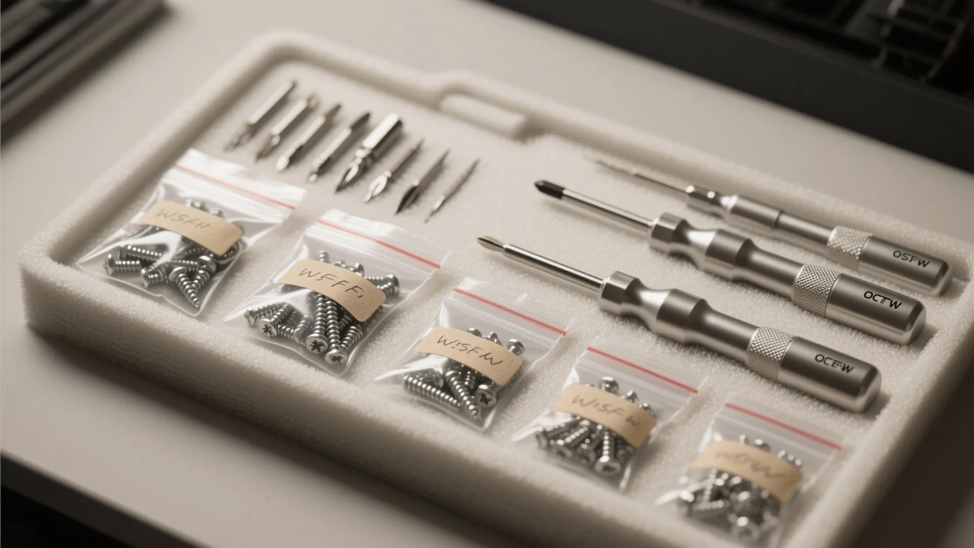 Flatlay of a precision screwdriver set with labeled zip-top bags for tiny screws