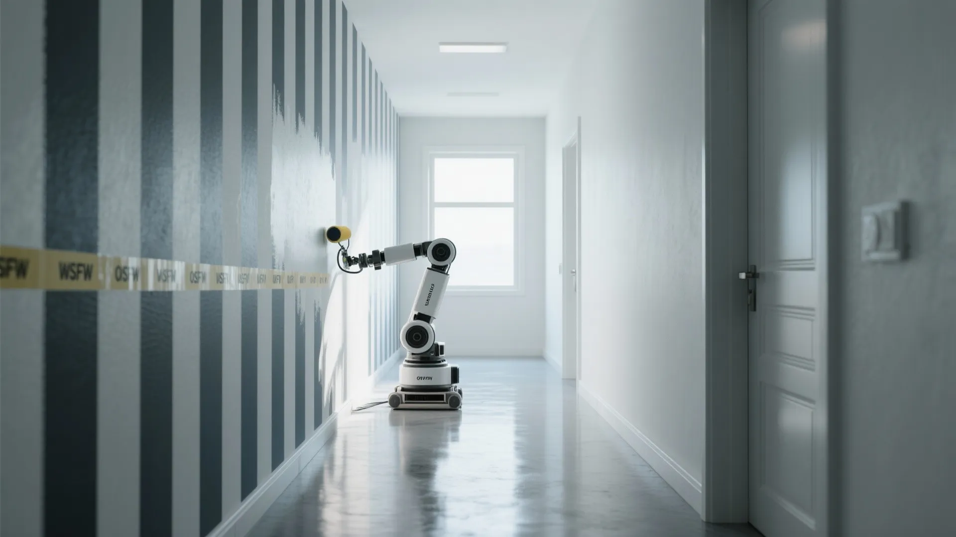 Narrow hallway visually expanded by robot-painted crisp vertical stripes, with neat masking and consistent spacing.