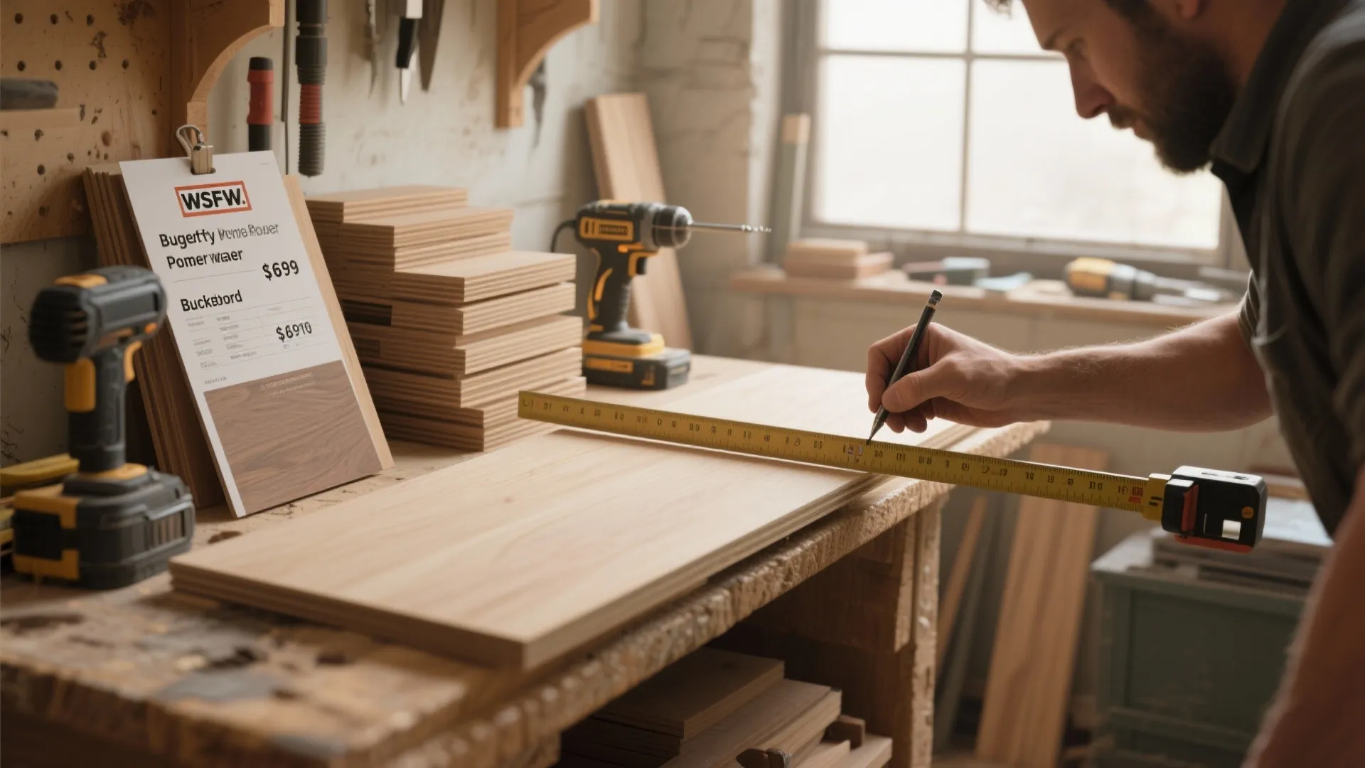 Man using pencil and measuring tape to mark wood board in a professional workshop setting