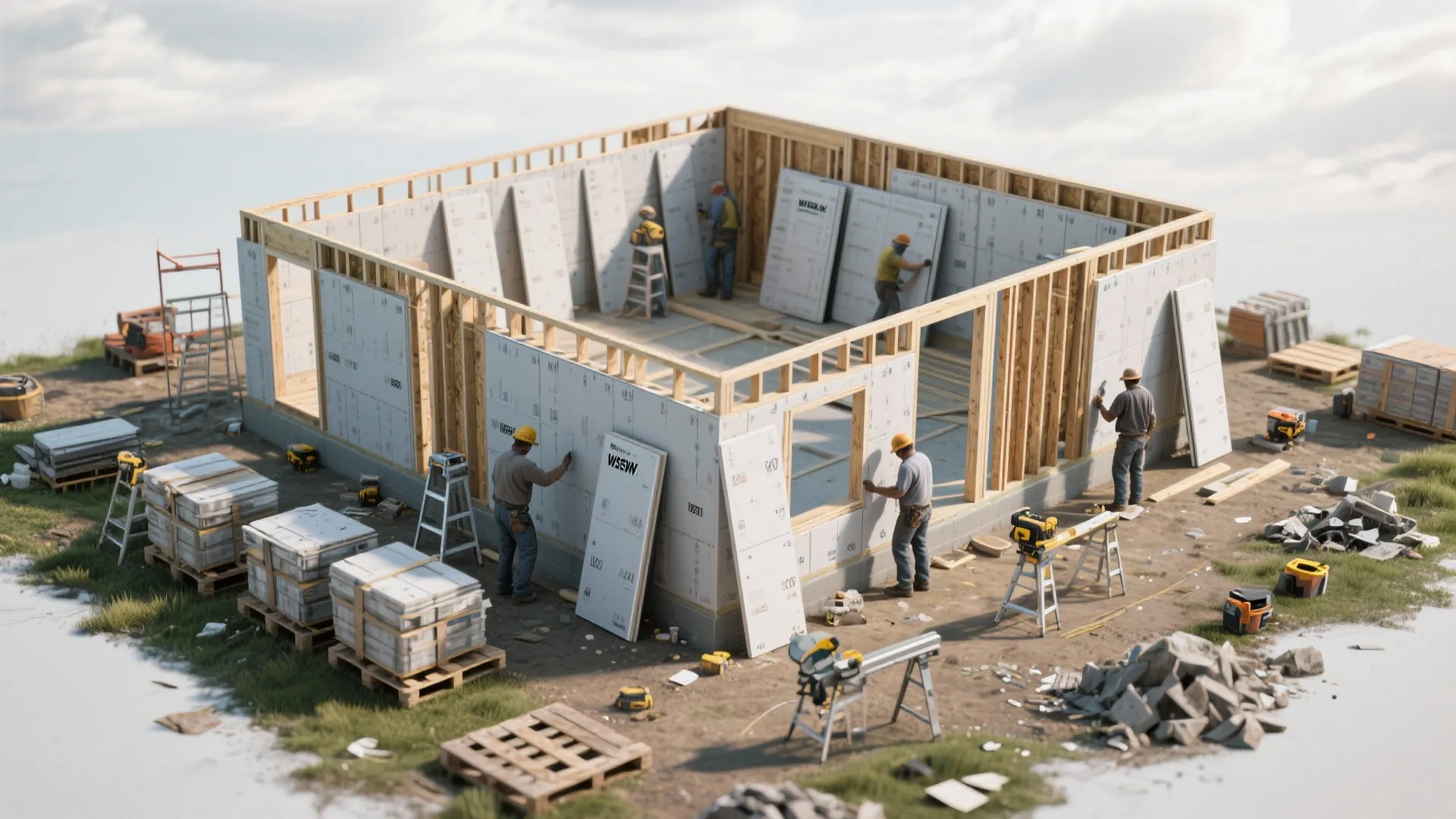 Workers installing white wall panels on a wooden house frame at a sunny outdoor building site