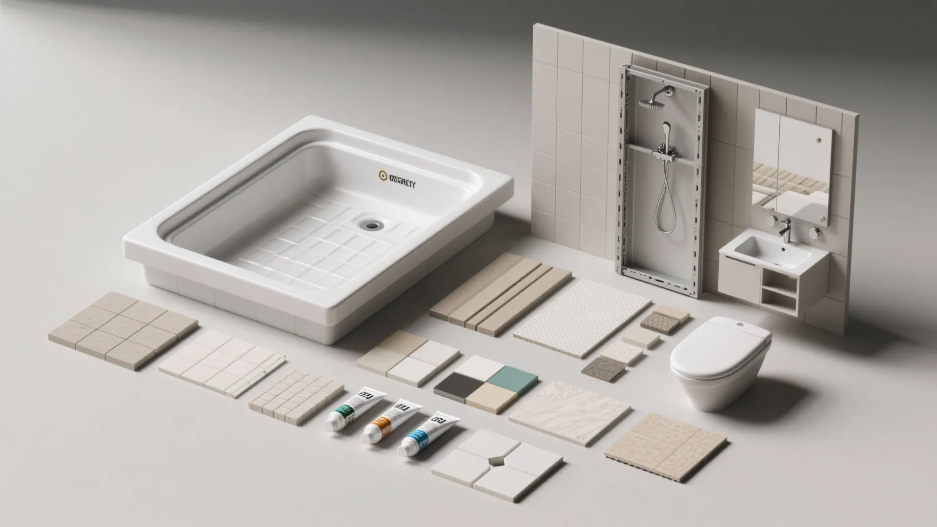 Bathroom renovation collection with white tub toilet sink wall tiles and shower head floor samples