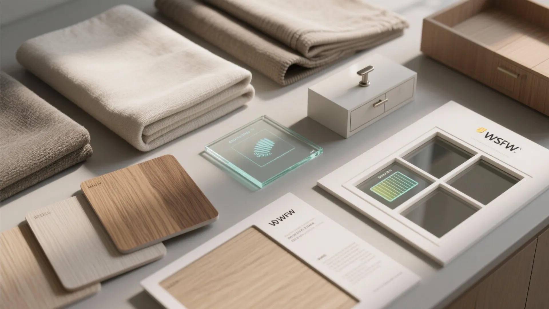 Flatlay of material and finish samples for a prefabricated 3-bedroom home including wood, textiles and smart-glass sample