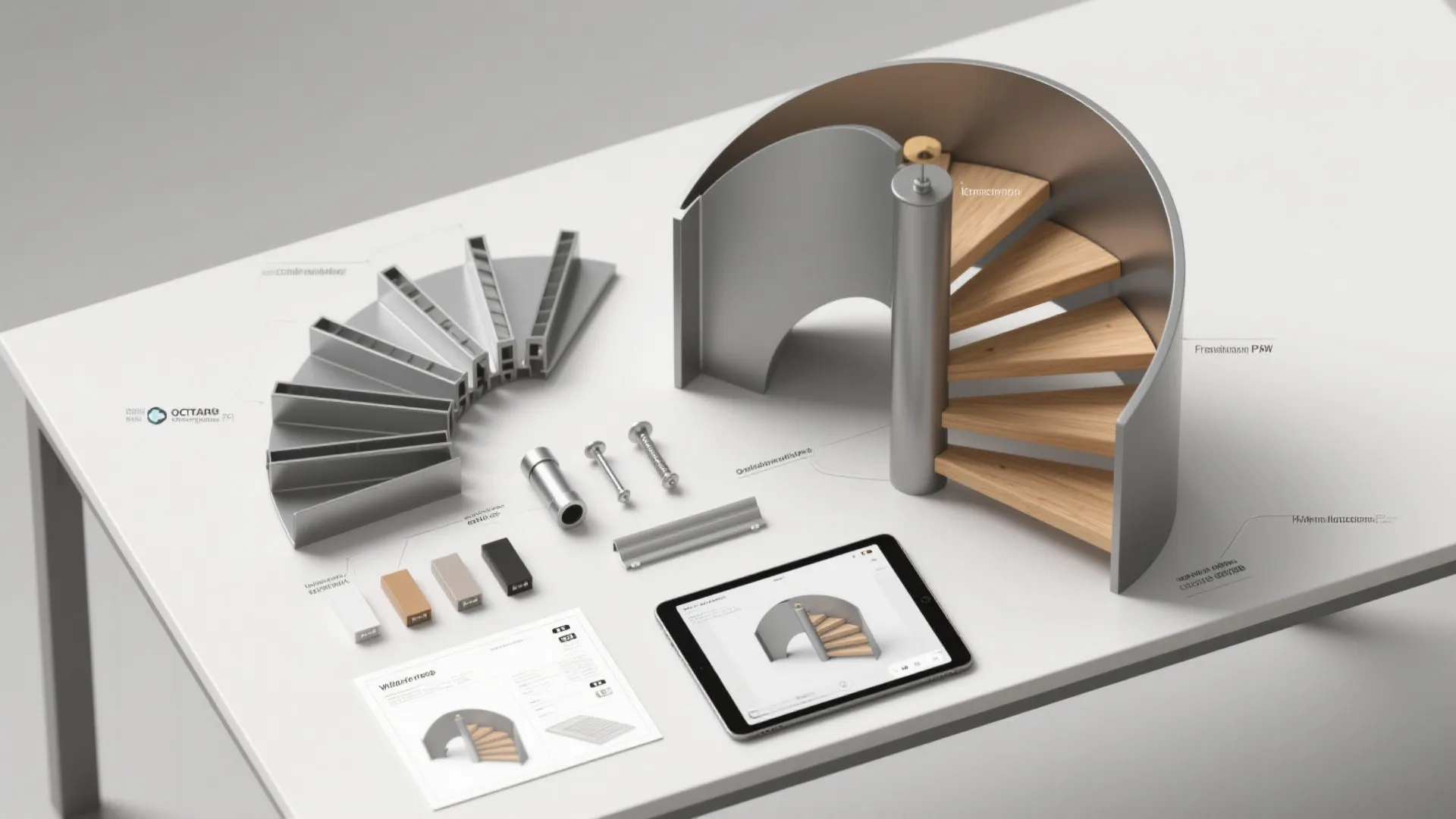 Table showing modular stair parts with a tablet displaying a 3D interior design drawing model