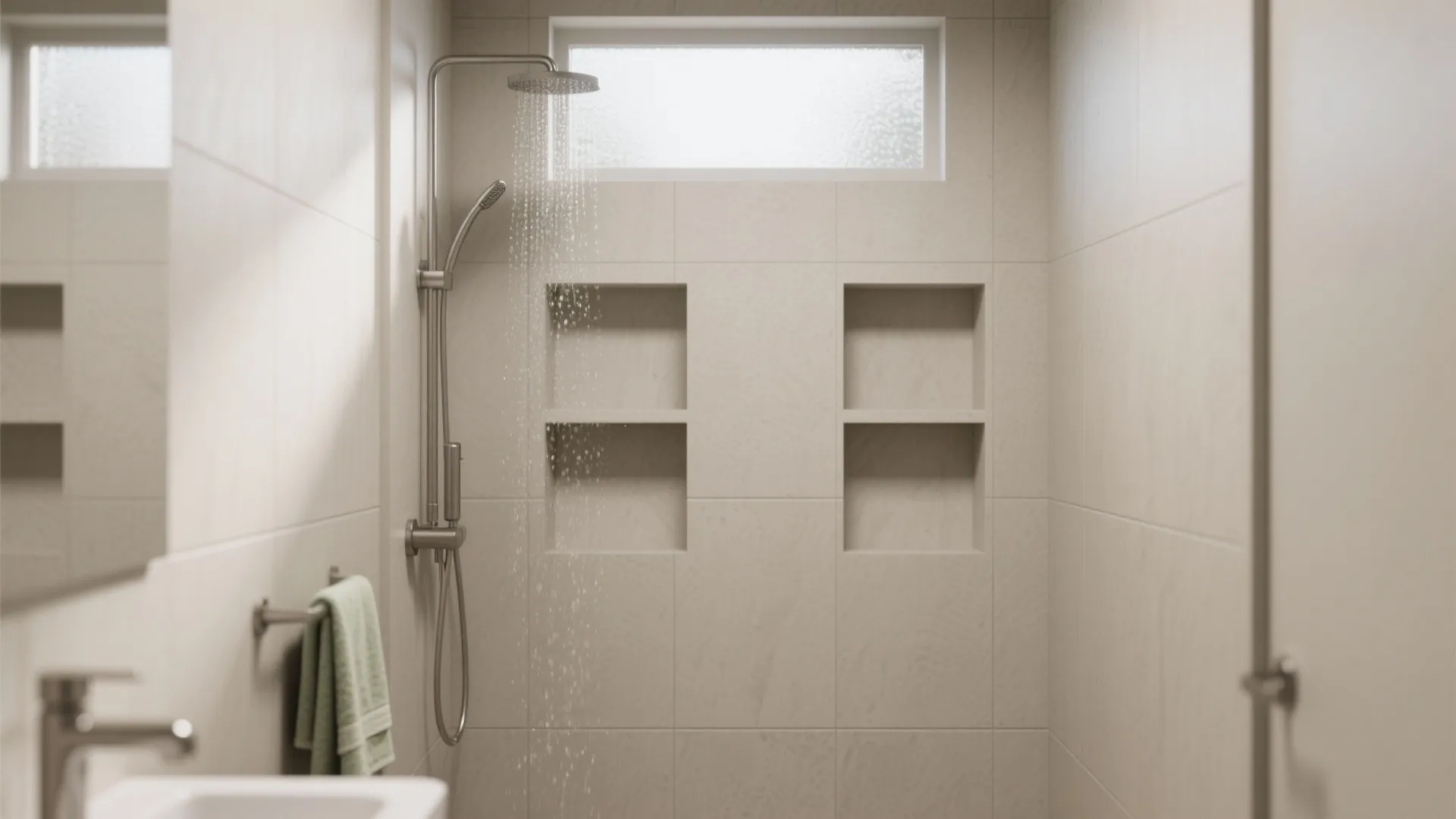 Small shower with matte composite prefab wall panels and recessed niches under soft daylight, clean minimalist look.