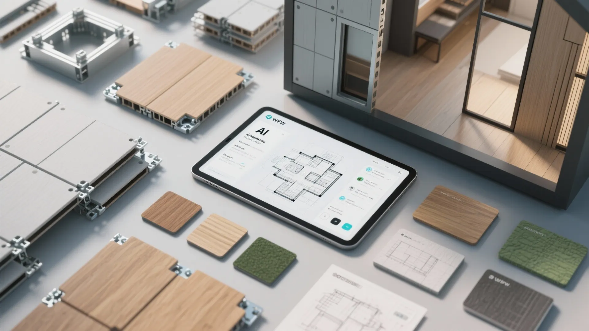 Top-down flatlay of prefab building components, material samples, and a tablet with AI layout diagrams for a compact home.