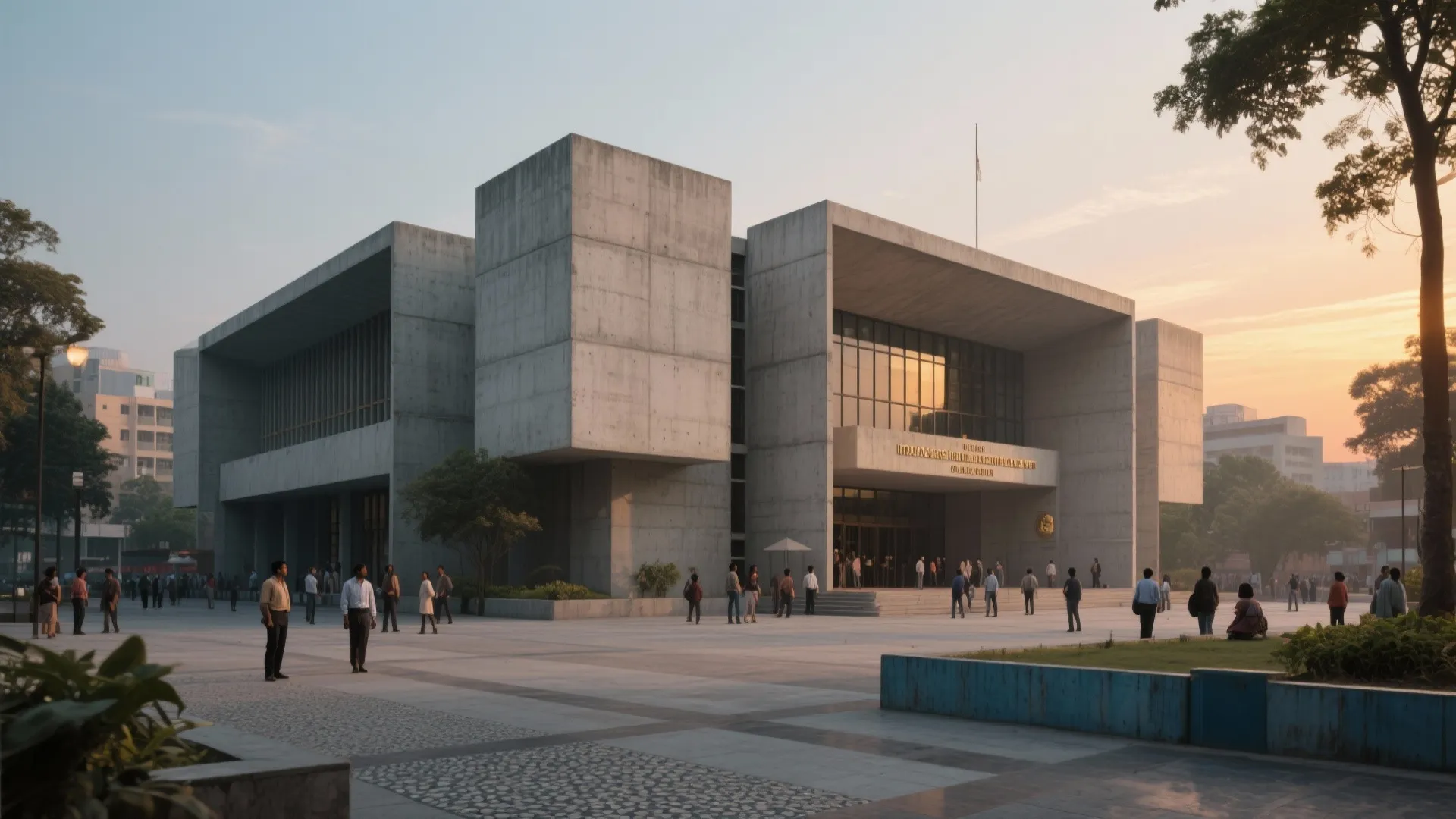 Modern concrete building with large square shapes at sunset featuring many people walking outside entry
