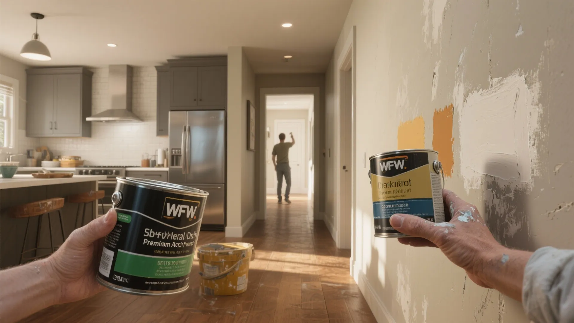 Two hands holding paint cans in a hallway with a kitchen and man in the background