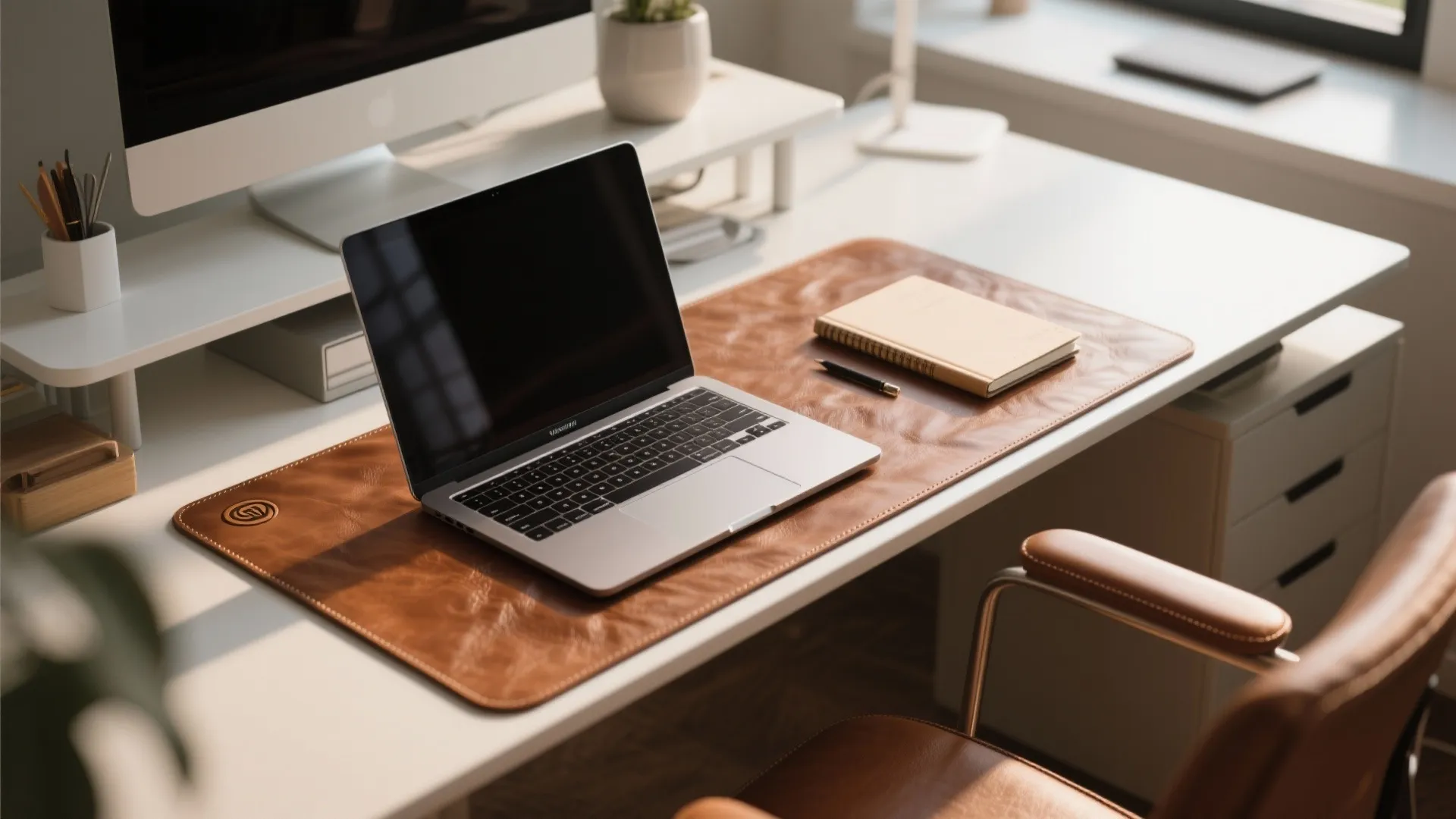 Laptop on brown leather desk mat with notebook and pen on white desk with leather chair