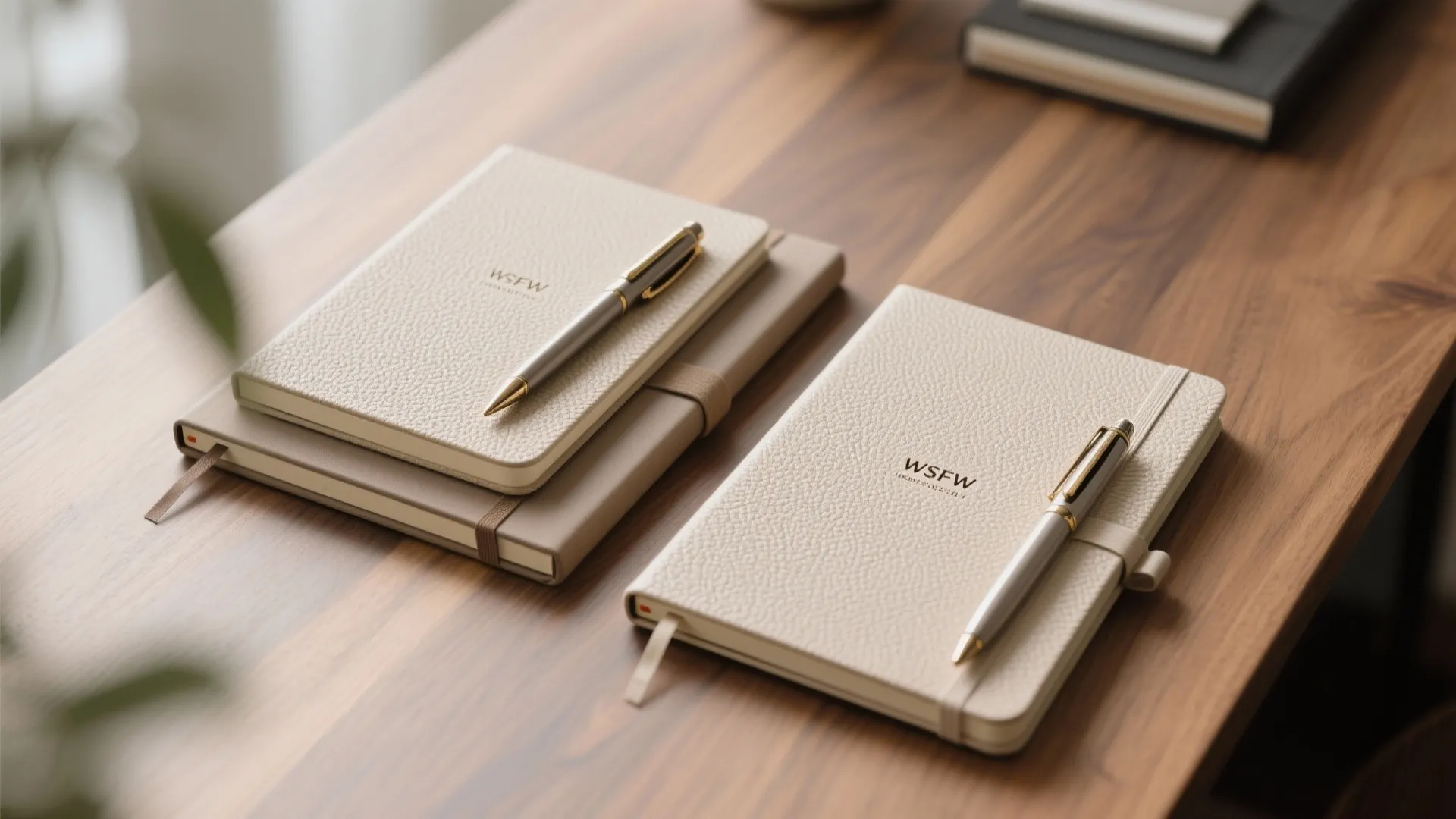 Two elegant beige notebooks with pens placed on a wooden desk in a bright office